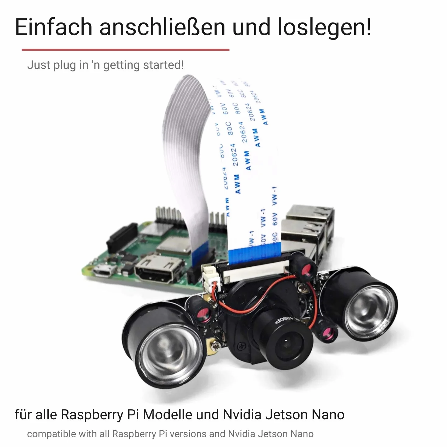 Raspberry Pi moduł kamery z automatycznym filtrem blokującym podczerwień – Full HD Pi Cam V2 noktowizor z diodami LED na podczerwień (standardowy obiektyw 75,5°)