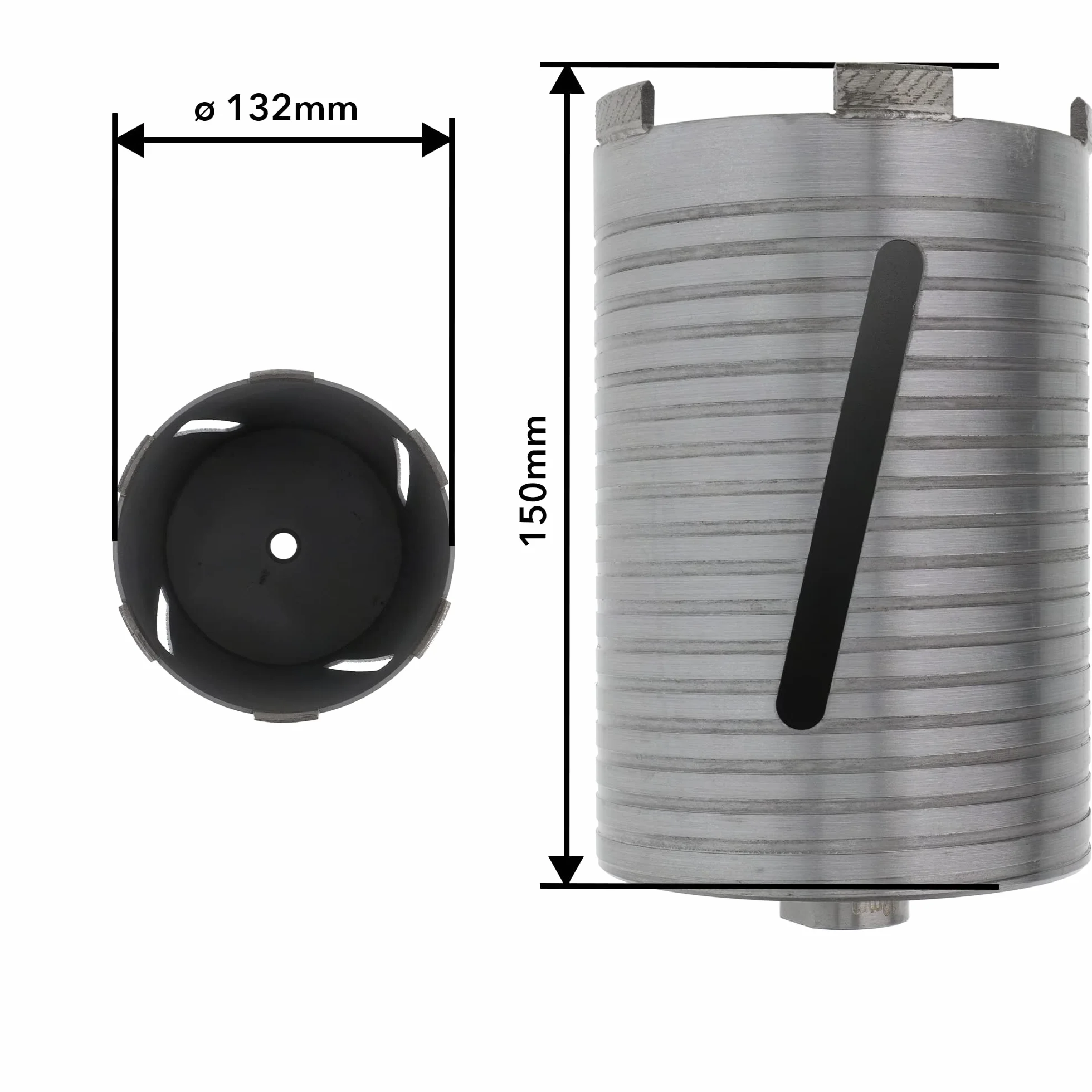 PRODIAMANT Diamentowa wiertnica rdzeniowa ø 132 mm długość efektywna 150 mm z adapterem SDS do młotowiertarki, segmenty spawane laserowo do wiercenia na sucho