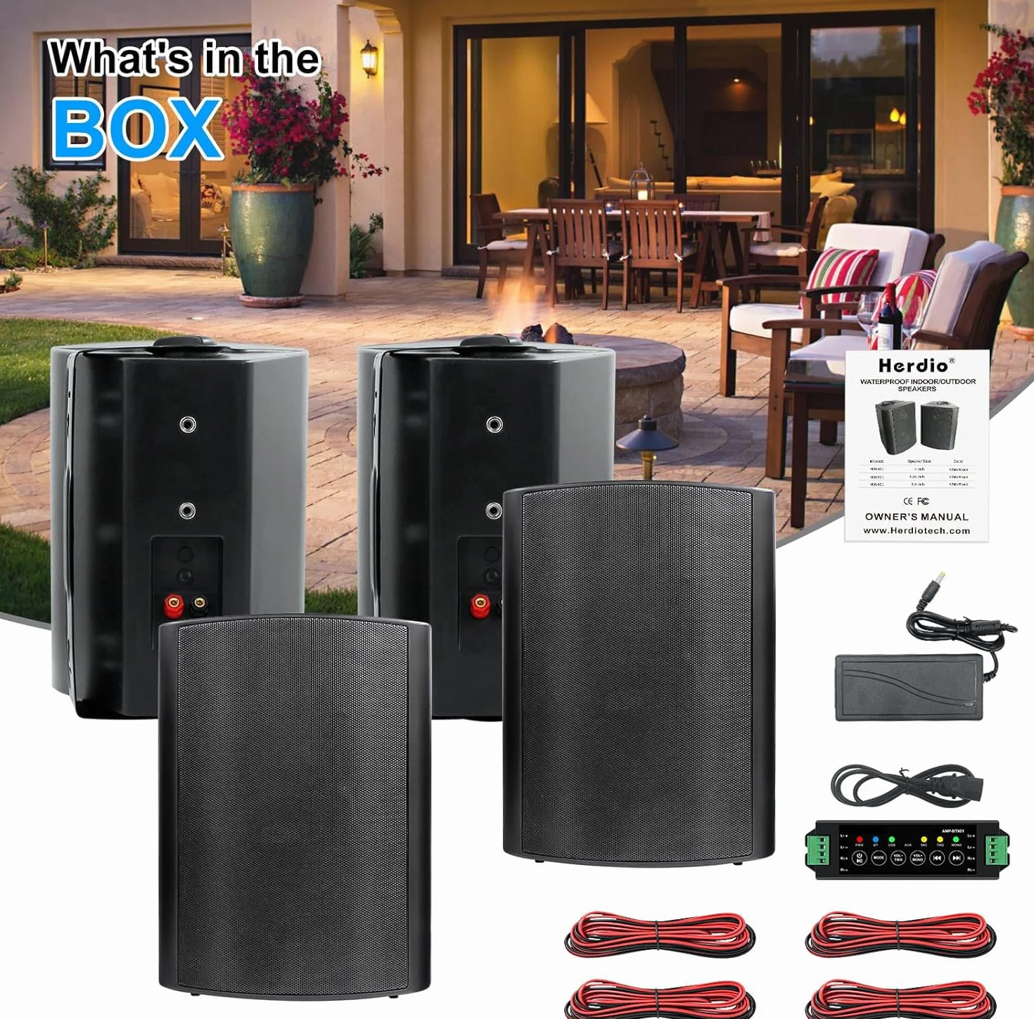 Herdio Głośniki zewnętrzne Bluetooth 6,5 cala - głośnik 800 W - głośnik zewnętrzny ze źródłem wzmacniacza stereo idealny na taras Veranda Garden (4 czarne)