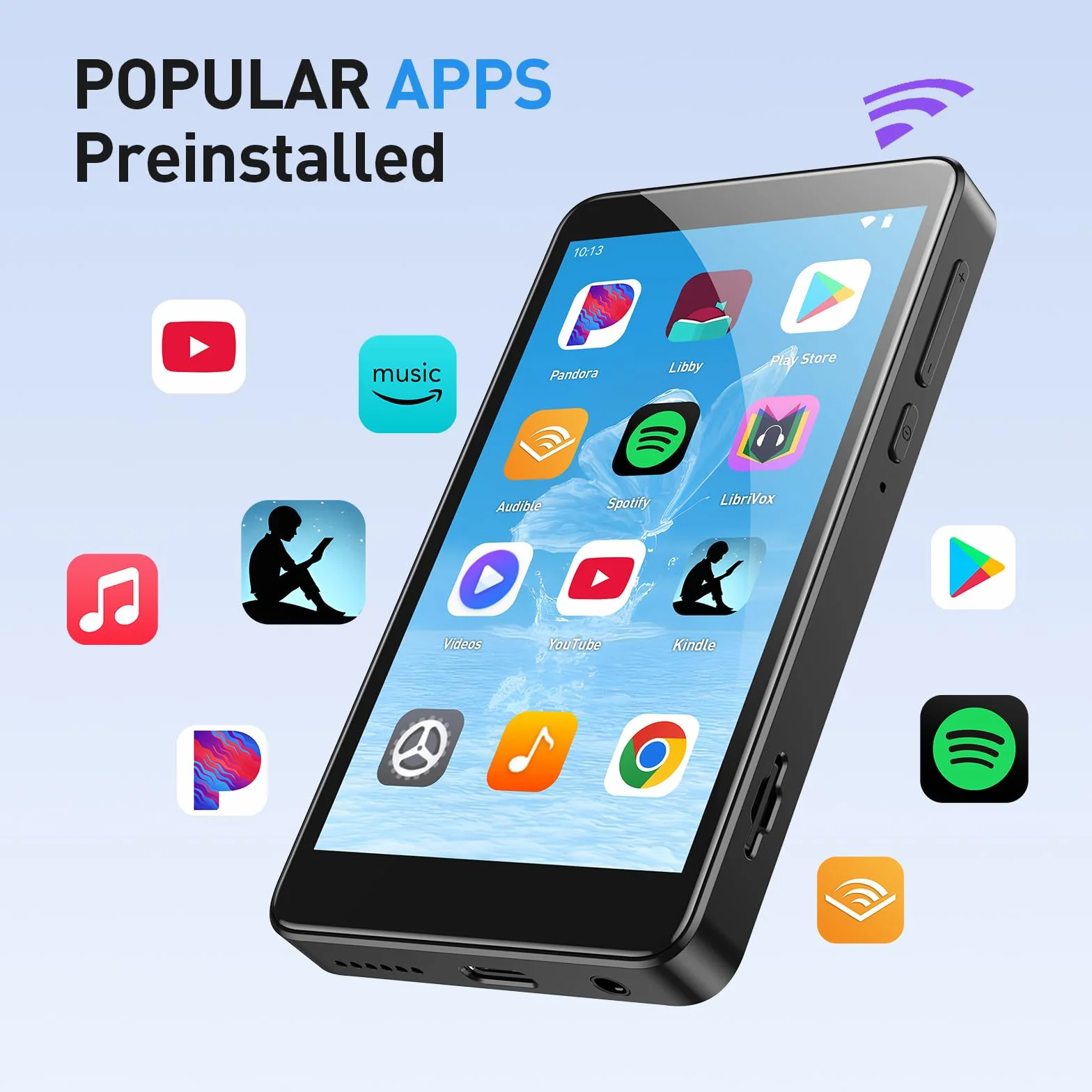 AGPTEK odtwarzacz MP3 Spotify 96 GB z Bluetooth i Wi-Fi, 4-calowy ekran dotykowy Android 14 odtwarzacz muzyki MP4, obsługa Audible, aplikacji, radia FM, Amazon Music, do 1 TB, czarny