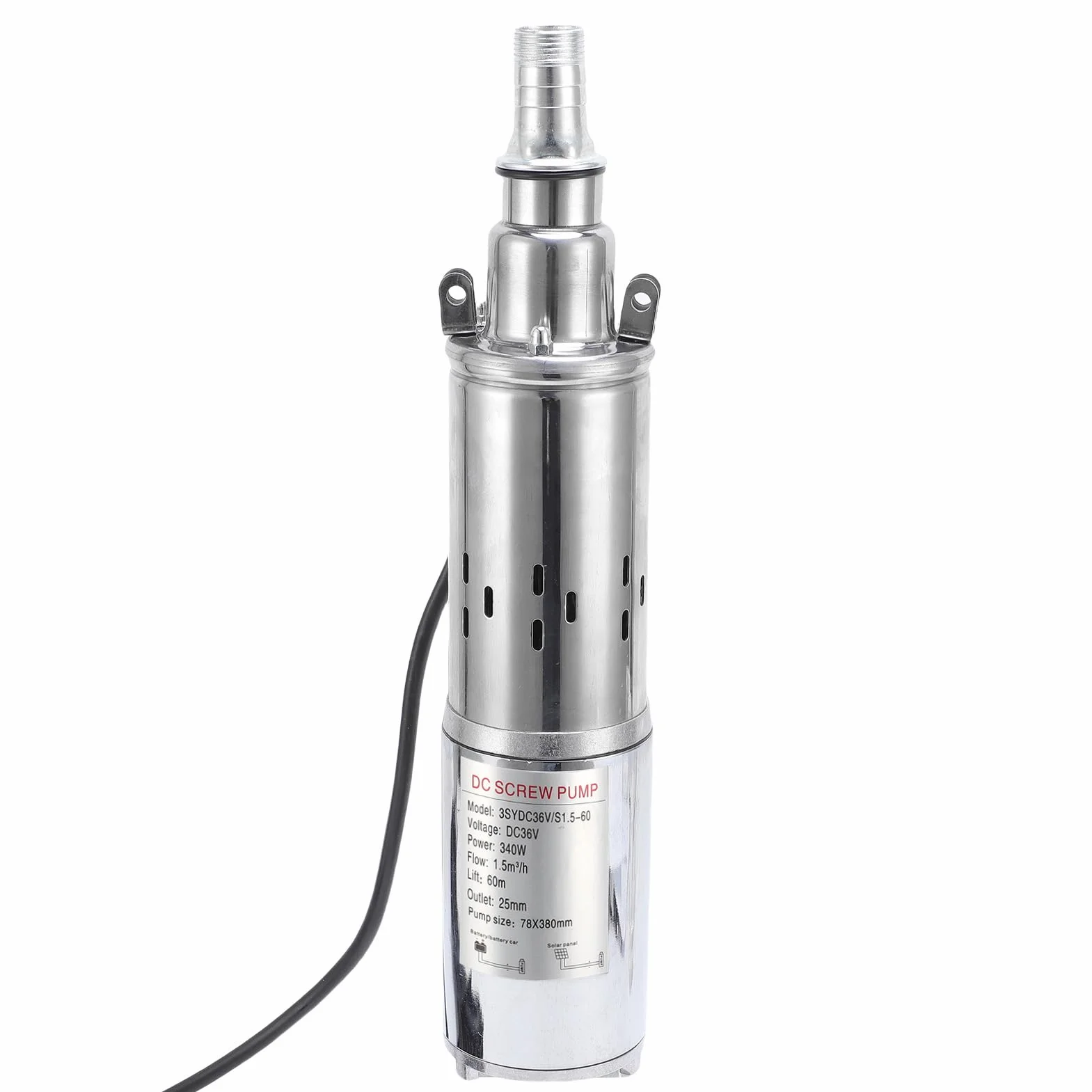 FTVOGUE Słoneczna Zatapialna Pompa Wodna Pompa Głębinowa ze Stali Nierdzewnej 340 W 25 Mm Wylot 60 M Głowica 1,5 M3h do Kształtowania Krajobrazu Nawadnianie Ogrodu Transfer Wody W Gospodarstwie