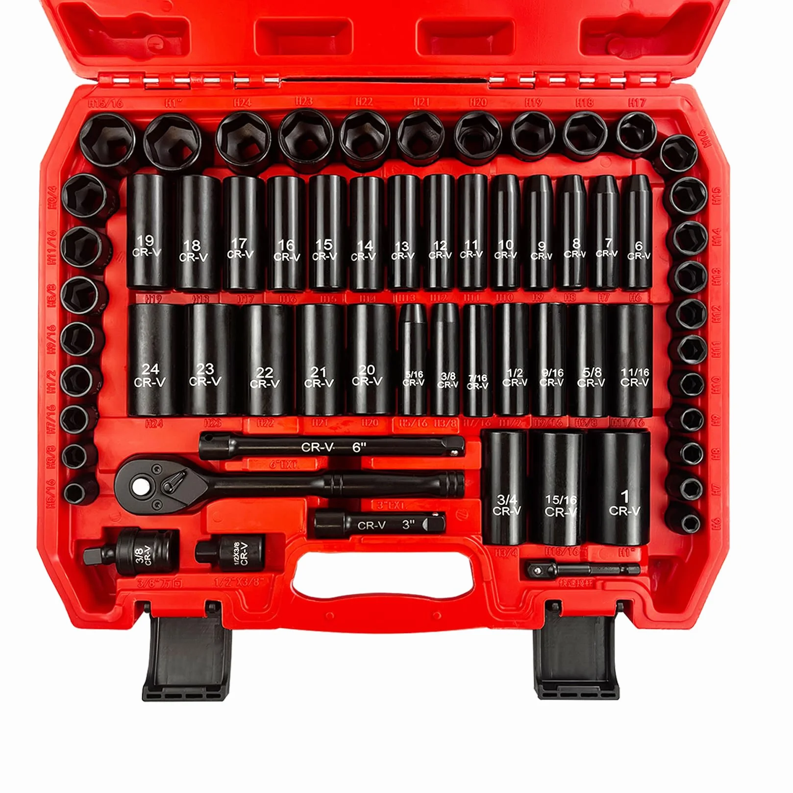 EACELIY 64 szt. Zestaw nasadek 3/20.3 cm, zestaw nasadek udarowych, SAE/metryczny, głęboki i płytki, stal Cr-V, 6-punktowy z adapterami, uchwyt z grzechotką 72T, przedłużacze, adapter bitowy, 6-19 mm,