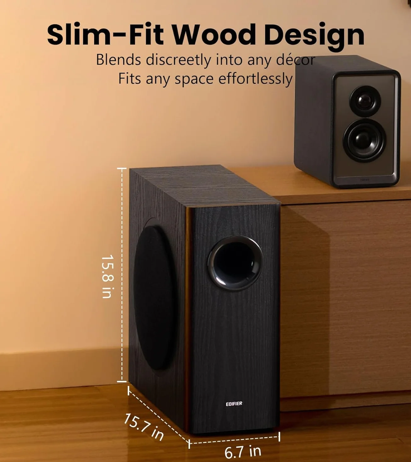 Edifier AKTYWNY SUBWOOFER – 8-calowy głośnik niskotonowy – 70 W – filtr niskoprzepustowy – częstotliwość do 35 Hz – obudowa MDF dla zredukowanego rezonansu – czarny