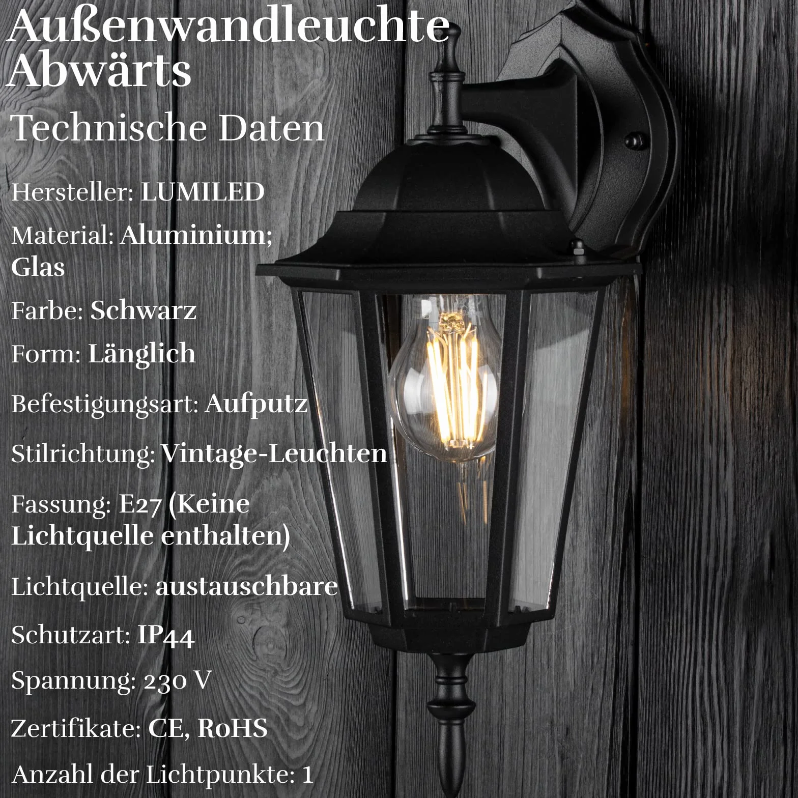 Lumiled Zewnętrzny kinkiet Vintage 230 V klasyczny Aluminiowy czarne szkło IP44 Wodoodporny E27 Ogrodowy Retro Lampa