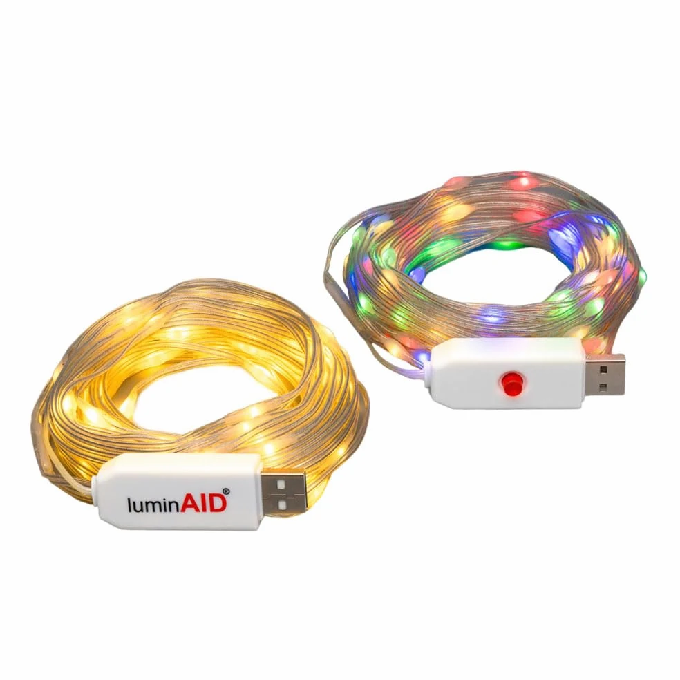 LuminAID Łańcuch świetlny LED, 2 sztuki, 9,8 m, ze 100 żarówkami LED na sznurek, ciepła biel i wielokolorowe z 8 trybami, idealne na kemping, podwórko, patio, do wewnątrz, na Boże Narodzenie