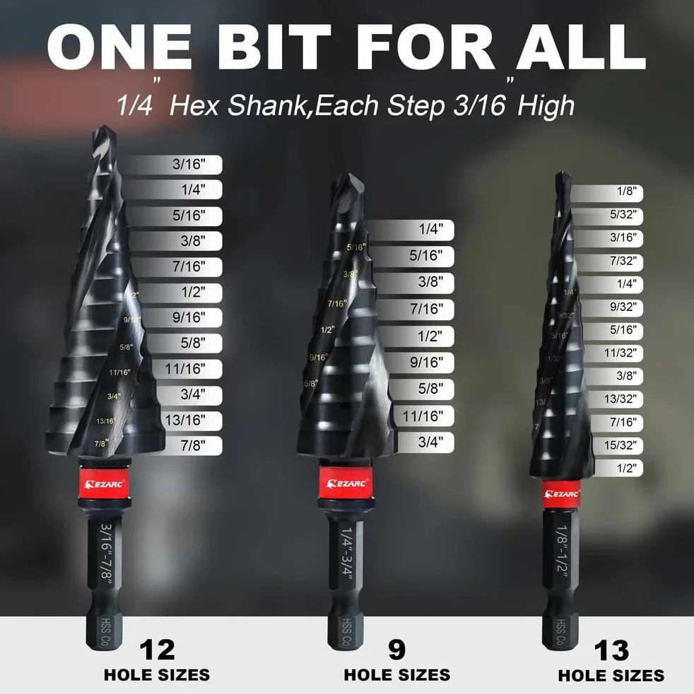 Zestaw 3 wierteł stopniowych do metalu, 1/8"-7/8", trzpień sześciokątny 1/4", m35 kobalt, powłoka altin odporna na zużycie
