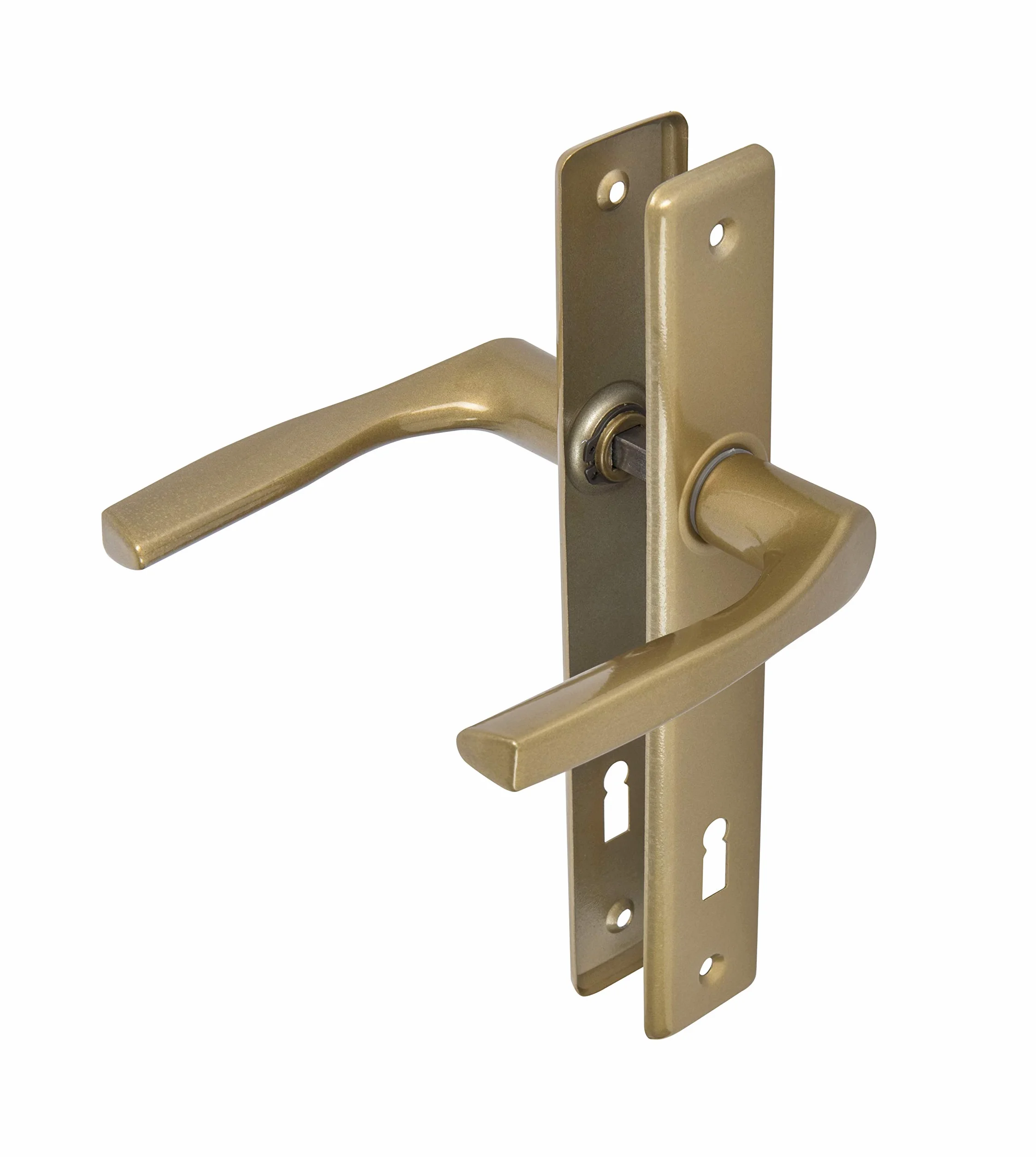 ADGO Klamka Drzwiowa Zestaw Klamek Prawa i Lewa do Drzwi na Klucz 90 mm Prostokątna, Klamka Aluminiowa do Wąskiego Zamka, Szyld Stalowy Malowana Proszkowo Ocynkowana, Złota, 1 sztuka