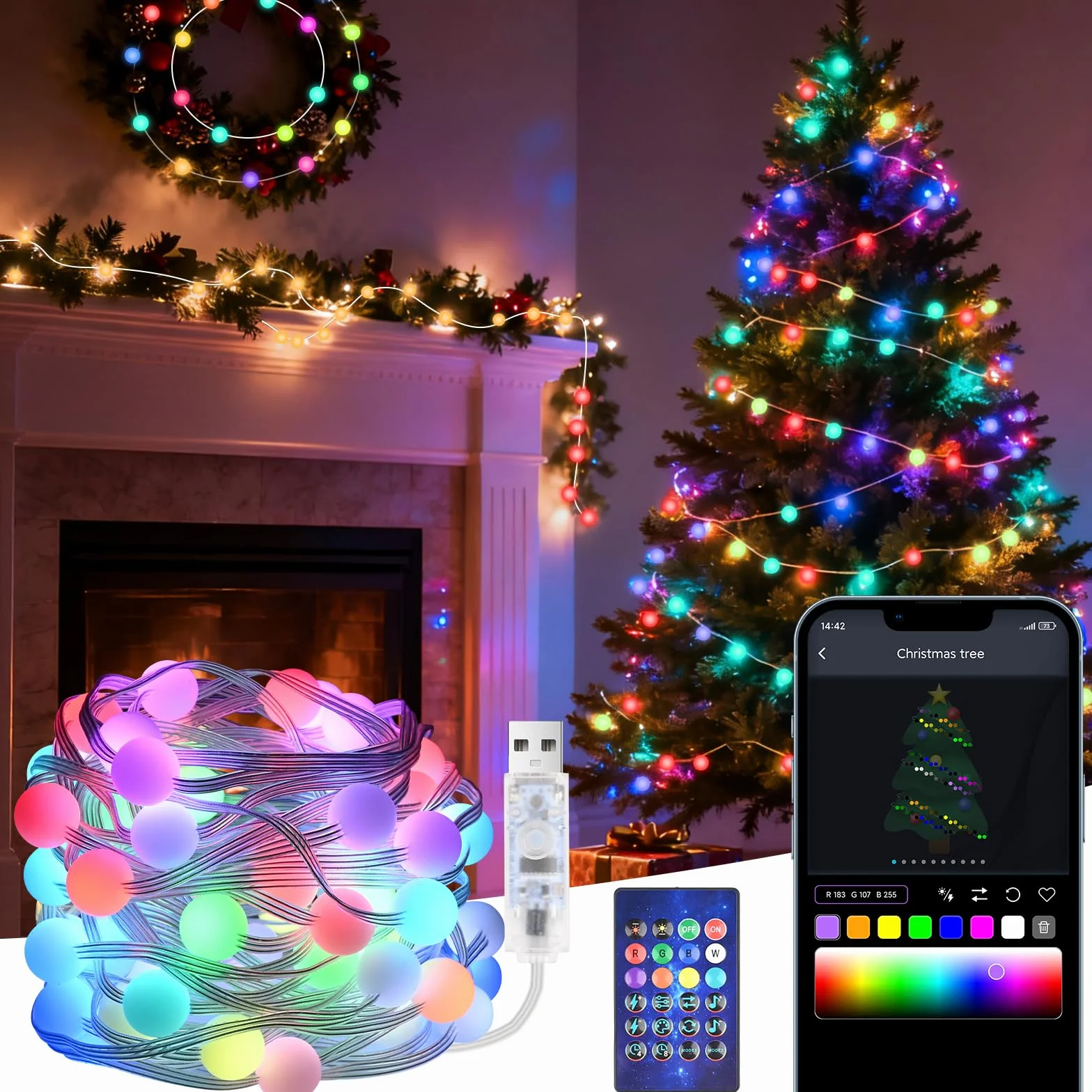 GuKKK Światła na choinkę, łańcuch świetlny RGB z 66 lampkami LED, sterowanie za pomocą aplikacji i pilota, wodoodporne oświetlenie bożonarodzeniowe do ogrodu, na imprezę (10 m, bombka)
