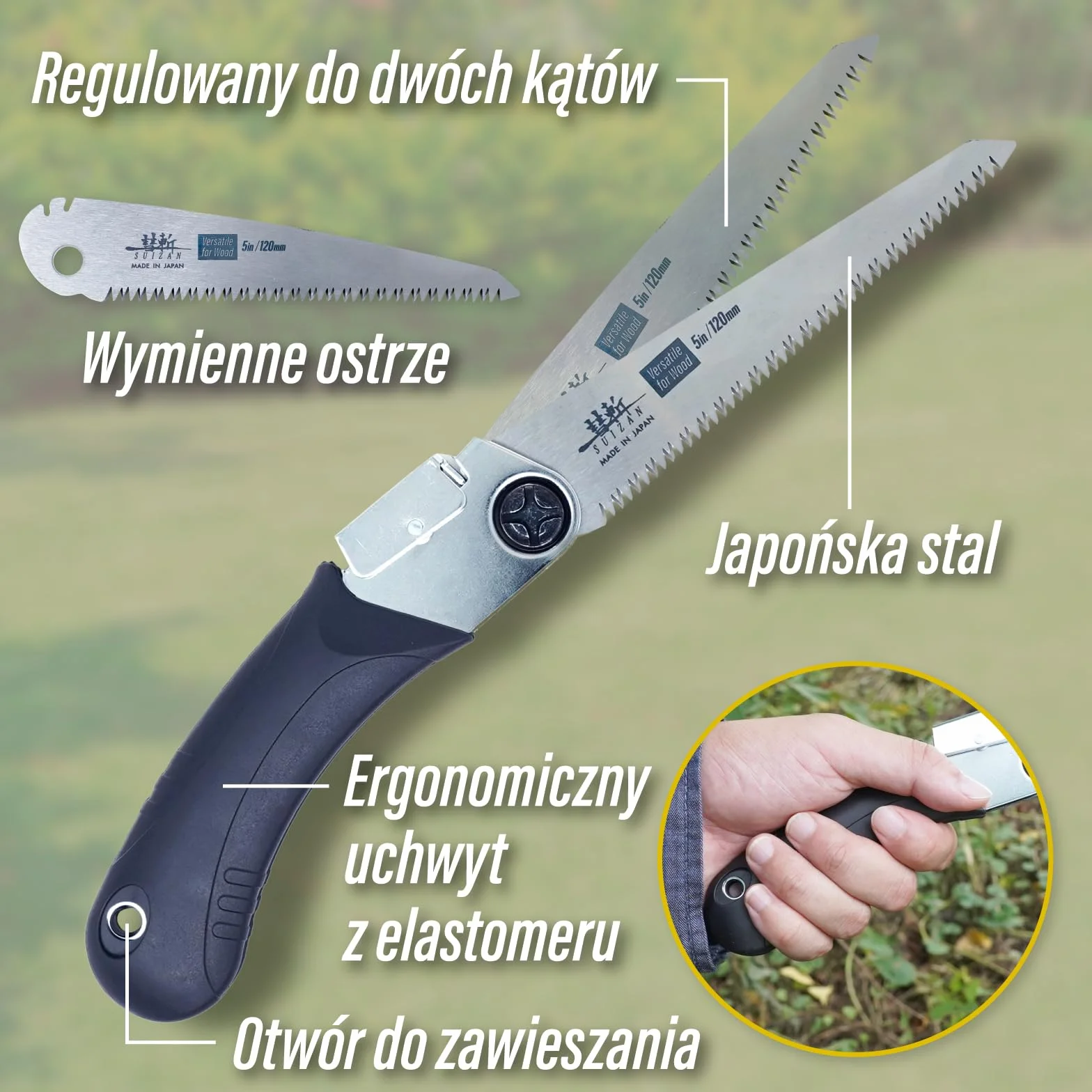 SUIZAN Japońska Piła Składana 120mm Wszechstronna do Drewna - Kieszonkowe Narzędzie do Ogrodnictwa Przycinania Stolarki DIY i Użytku na Zewnątrz