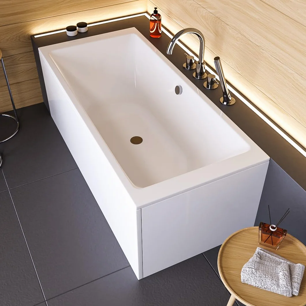 Wanna ECOLAM Tami 200x90 cm + fartuch | Nowoczesna, duża wanna dla dwóch osób | Prostokątna wanna akrylowa, najwyższa jakość | Kompletny zestaw odpływowy, nóżki, silikon | Design