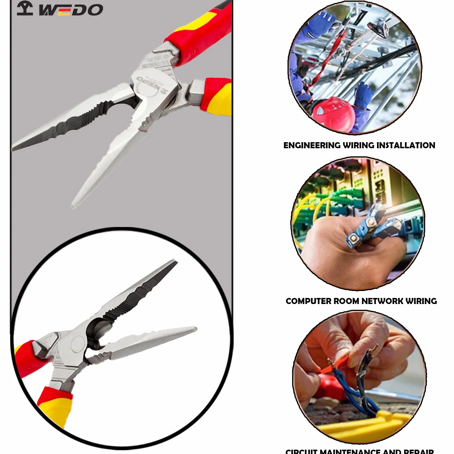 WEDO Szczypce zaciskowe wygięte 20 cm, wygięte szczypce igłowe z antypoślizgowymi uchwytami, długość 220 mm, klasa przemysłowa
