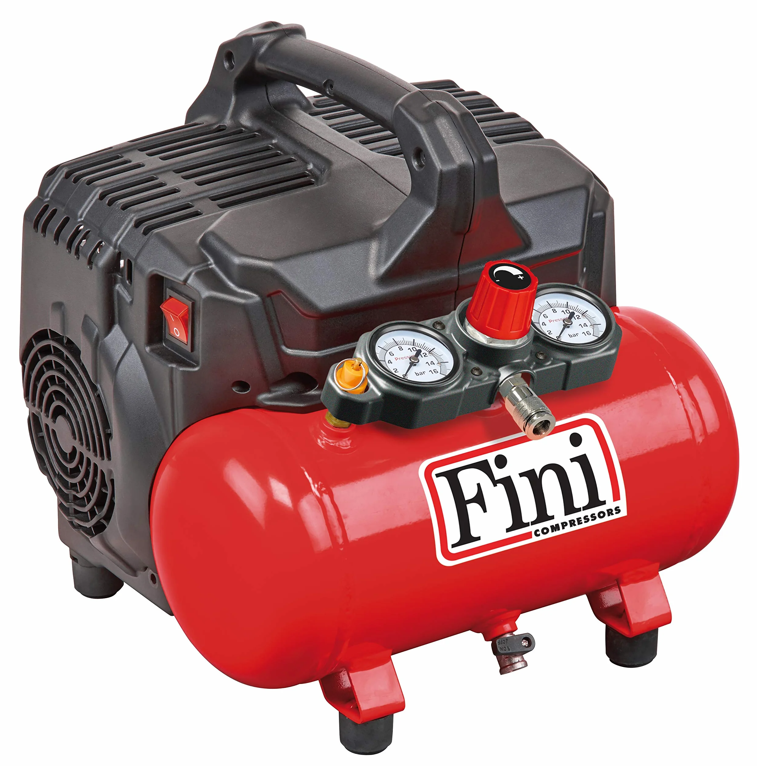 FINI Siltek S/6 cicha sprężarka, 2 manometry (59 dB), 6 l, 1,0 HP, 8 bar, 750 W, 230 V, czerwona