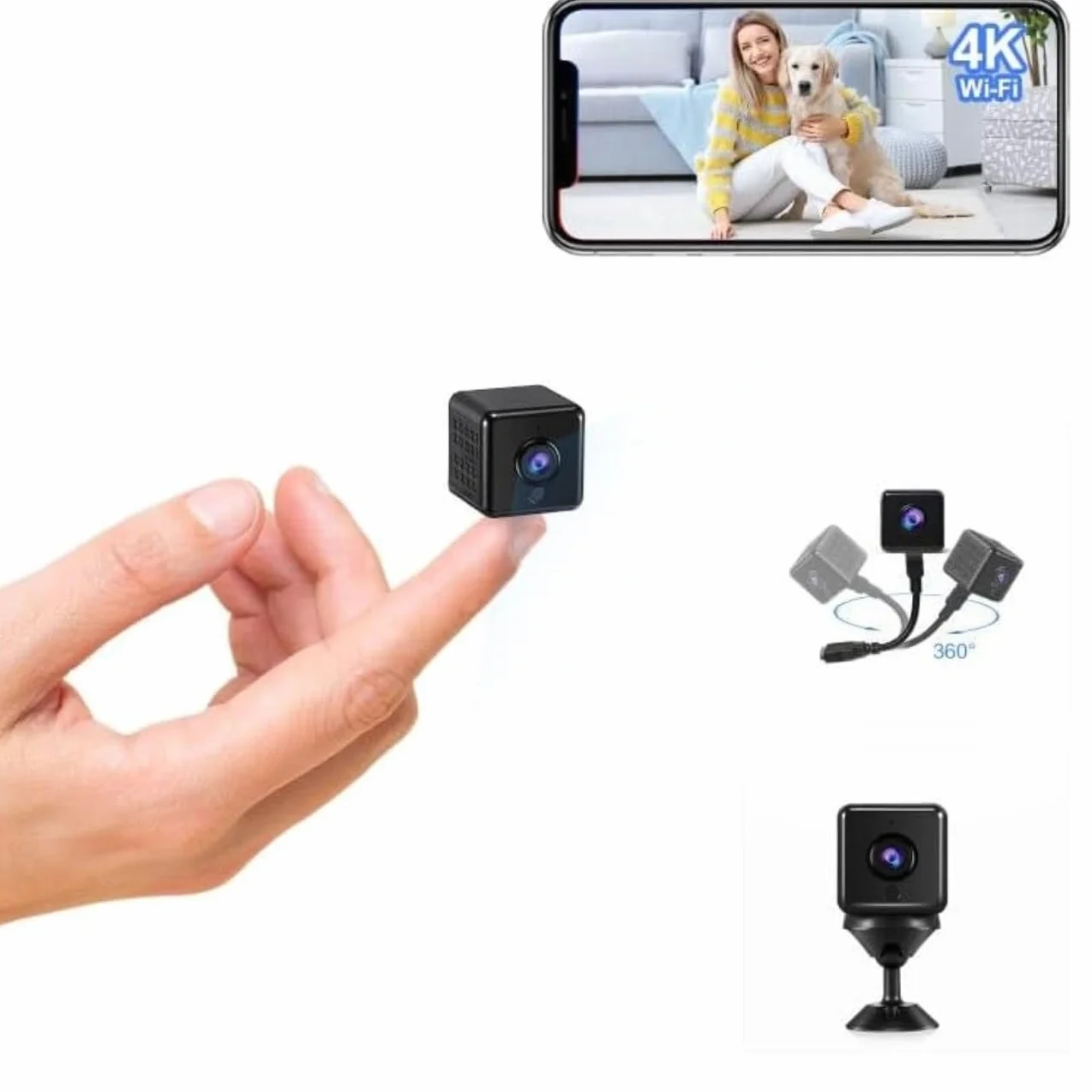aobo Kamera szpiegowska, WiFi 4K HD, mini bezprzewodowa kamera nadzorująca do wewnątrz/na zewnątrz z długim nagrywaniem baterii z mini ukrytą kamerą szpiegowską, kamerą szpiegowską, noktowizorem (XS)