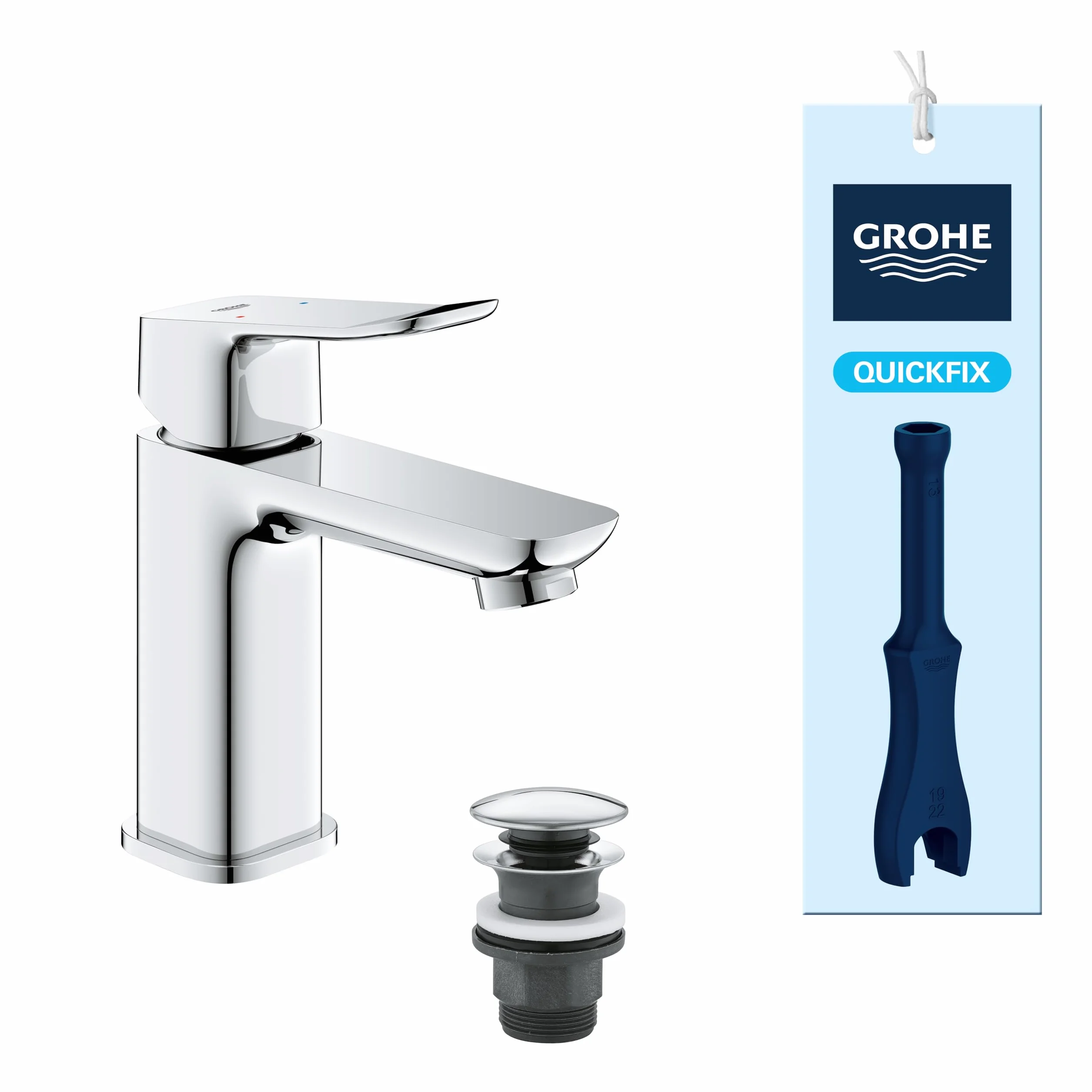 GROHE 1018570000 bateria umywalkowa z pojedynczą dźwignią do kostki z otwieranym zestawem odpływów (rozmiar S 152 mm, wkład ceramiczny 28 mm, oszczędność wody, ogony 3/20.3 cm, łatwy montaż za pomocą