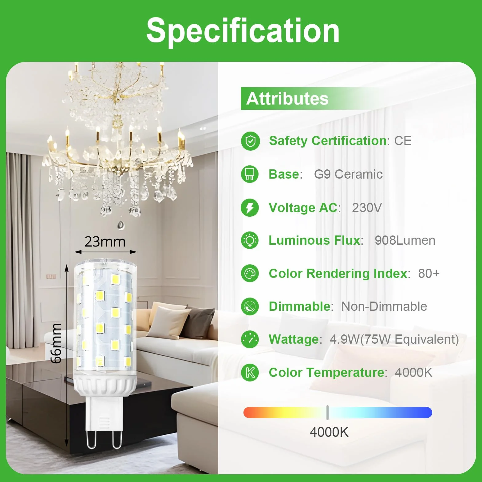 GY G9 Led ?arówka neutralna biel 4000K, 4,9 W 908 LM Odpowiednik 75 W, energooszcz?dna ?arówka LED G9 klasa B, 23 mm x 74 mm, 220-240 V, nie?ciemnialna, niemigocz?ca, zestaw 10 szt