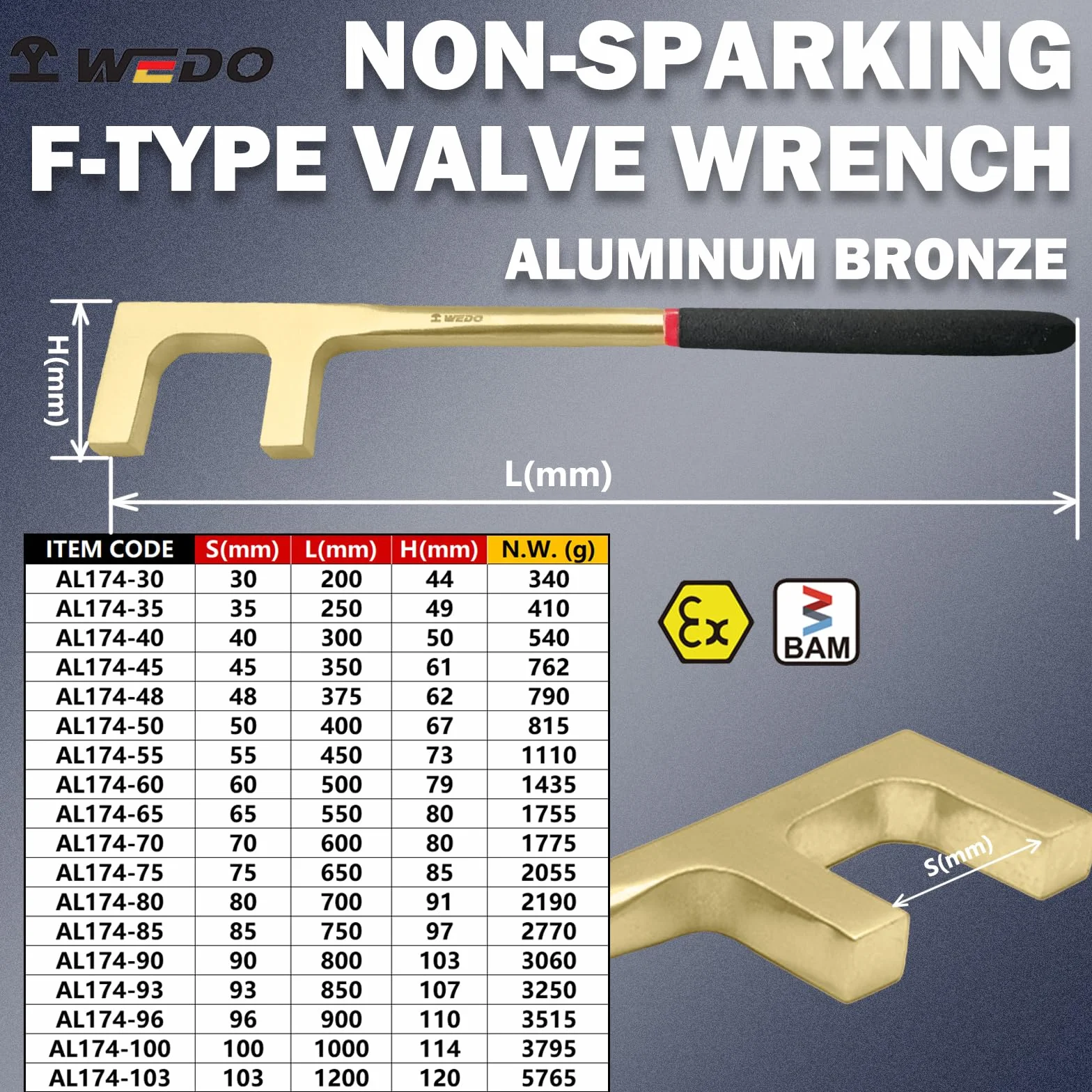 WEDO Klucz do uchwytu zaworu nieparkingowego typu F z plastikowym uchwytem, klucz bezpieczeństwa bez iskier, brąz aluminiowy, standard DIN, certyfikat BAM i FM, 1,18 cala, szerokość 30 mm