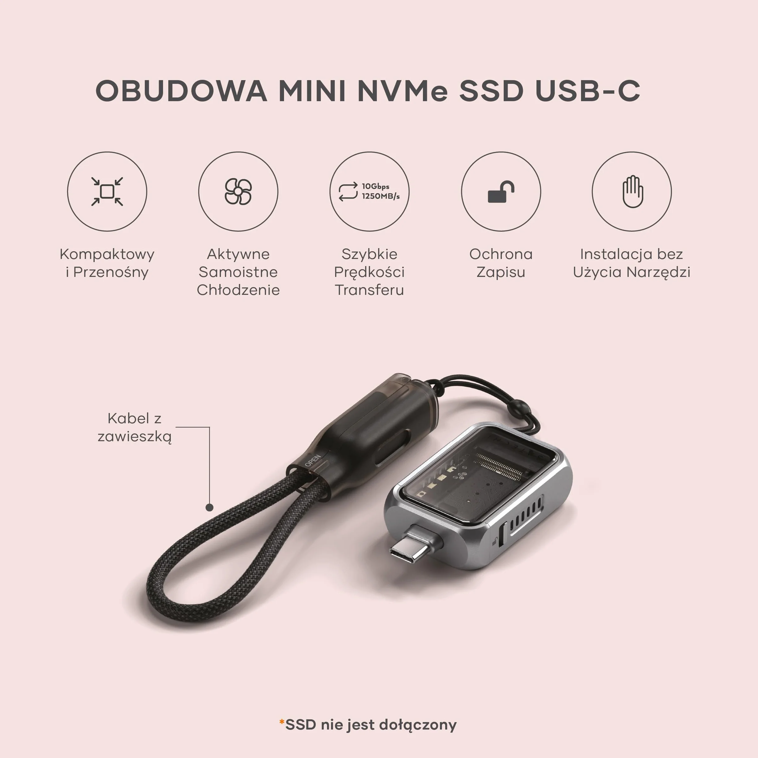 SATECHI M.2 NVMe Mini SSD Obudowa 10Gbps 2TB Aktywne Chłodzenie USB-C NVMe 2230