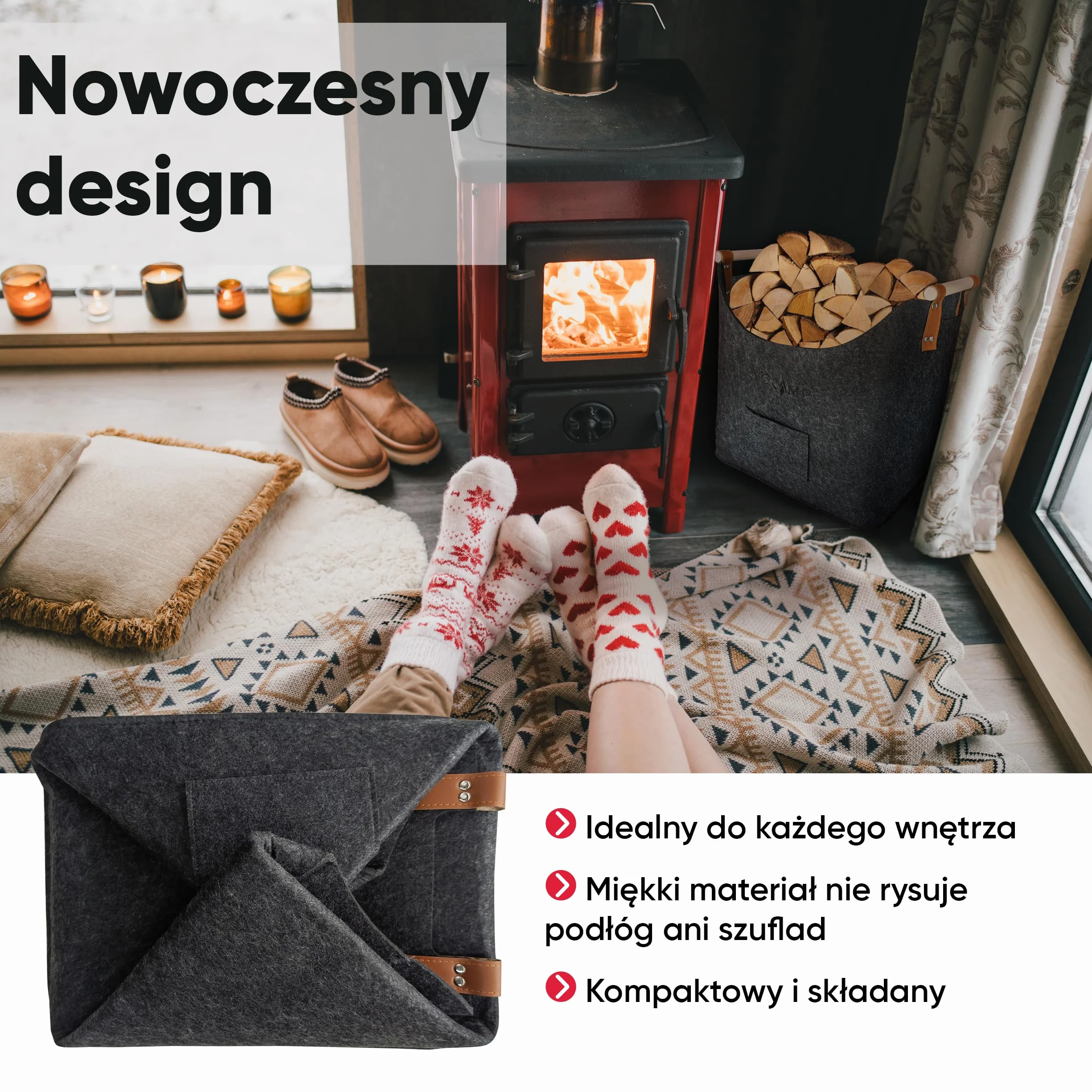 EVOCAMP duży filcowy kosz na drewno i przechowywanie, XXL kosz kominkowy z filcu w ciemnoszarym kolorze, z drewnianymi uchwytami, torba na drewno 44x44x30 cm