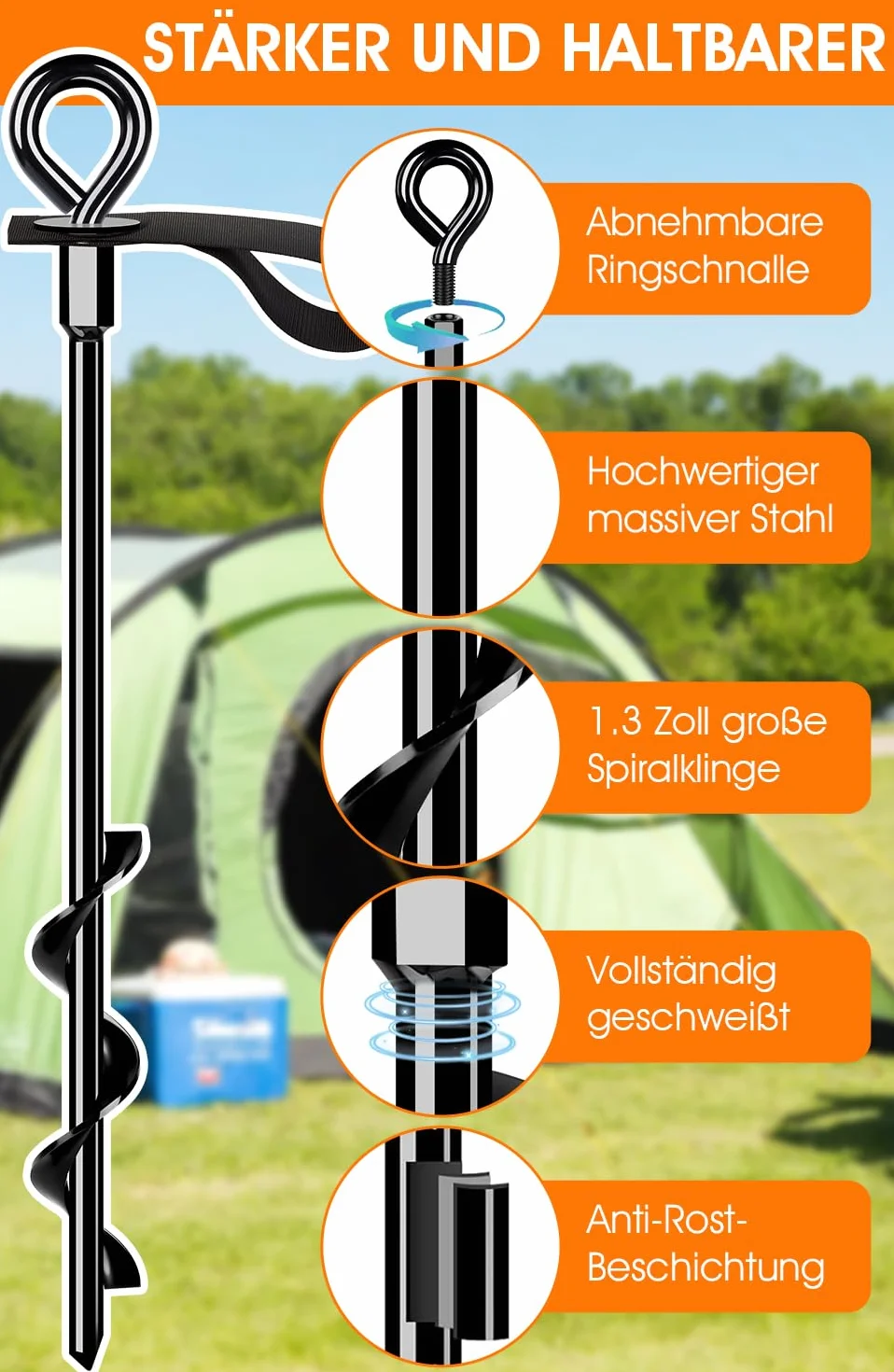 Kotwa gruntowa Heavy Duty, 4-częściowy zestaw kotw gruntowych z pasami, odporna na wiatr, do zabezpieczenia trampolin, namiotów, zadaszeń, szop, kamperów itp