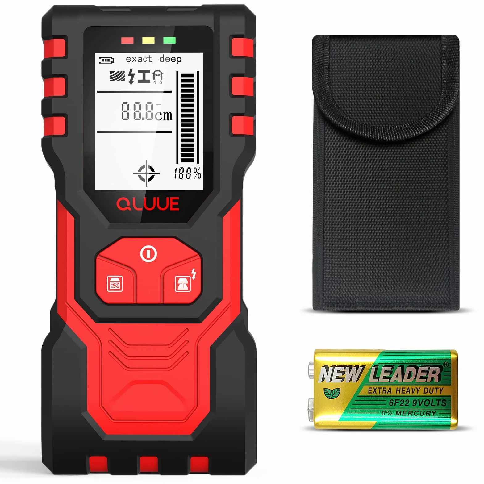 Wykrywacz ścienny QLUUE, wielofunkcyjny skaner 5 w 1, wykrywacz rur metalowych, wyświetlacz LCD z baterią 9V, do wykrywania drewna, metalu, metali nieżelaznych i kabli w ścianach.