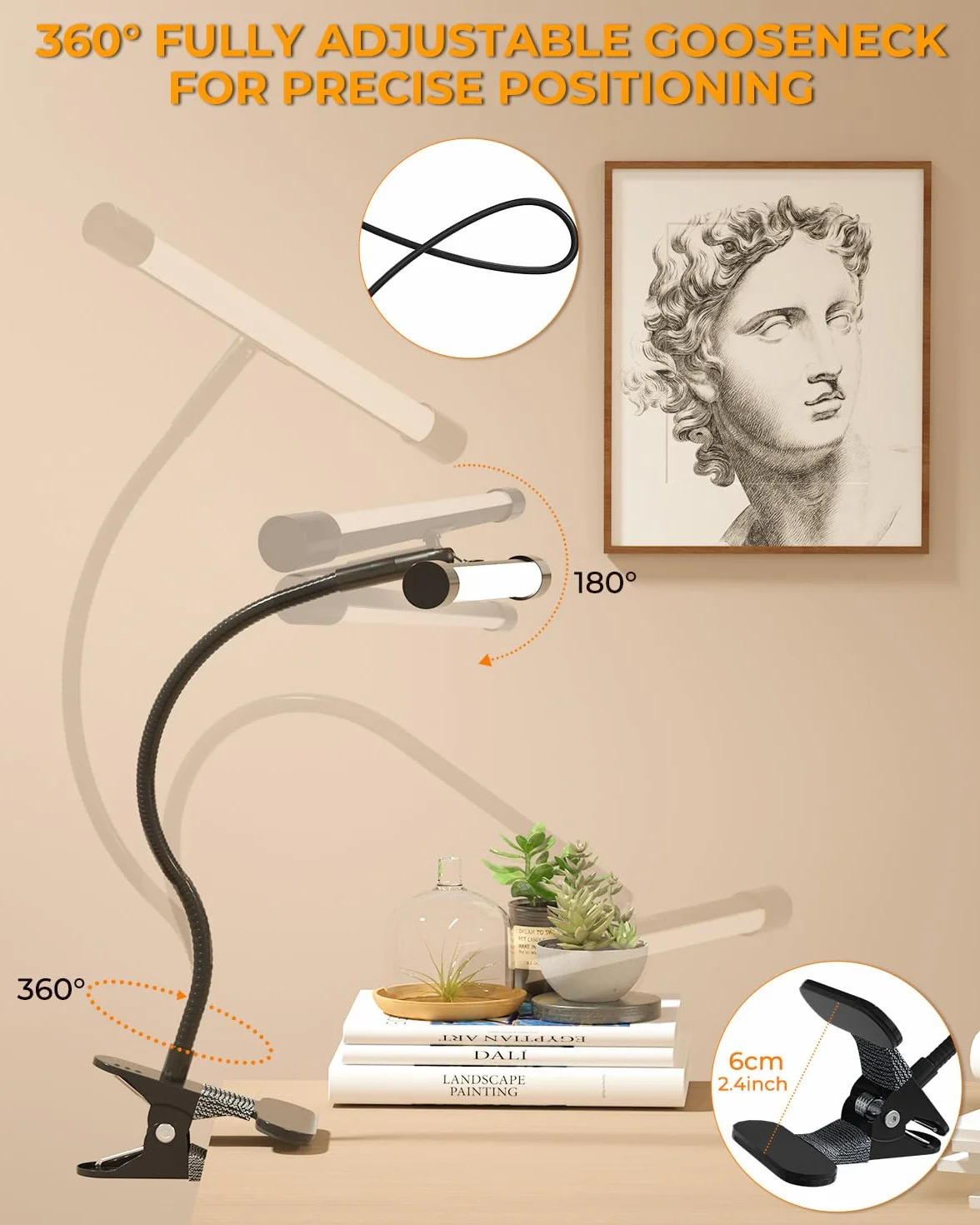 Lampa Clip-On 7W do Sztalugi Malarskiej, 3 Tryby Kolorystyczne + 10 Poziomów Jasności, Elastyczny Stojący Klips do Biurka/Piana (Zasilanie USB, Bez Adaptera) [Klasa Energetyczna A]