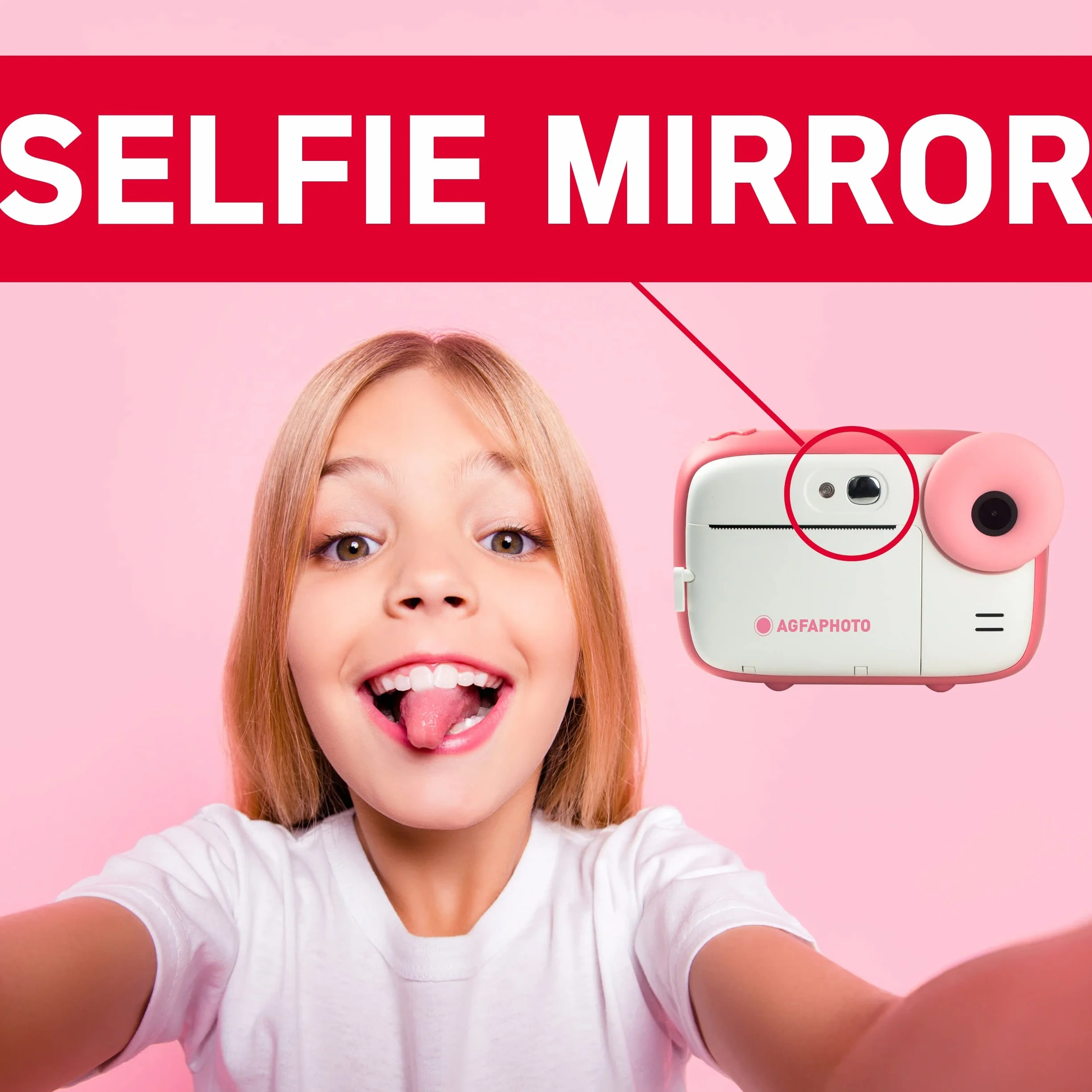 AGFA PHOTO Pakiet Realikids Instant Cam + 1 karta Micro SD 32GB - natychmiastowa kamera dla dzieci, 2,4-calowy wyświetlacz LCD, bateria litowa, lusterko do selfie i filtr fotograficzny - różowy