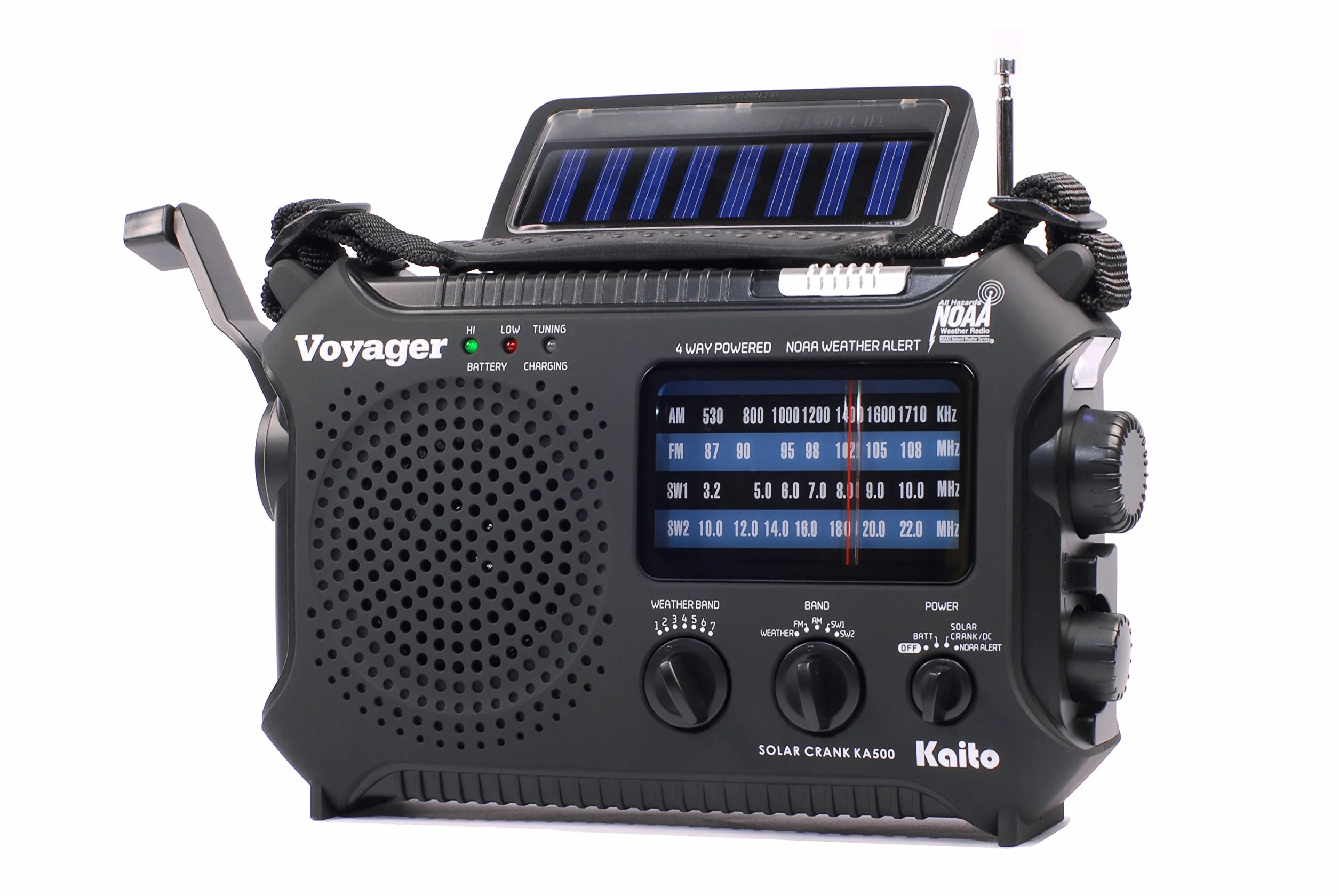 Kaito KA500 5-drożne zasilanie awaryjne AM/FM/SW NOAA radio z alarmem pogodowym z energią słoneczną, korbą dynamo, latarką i lampą do czytania, kolor czarny