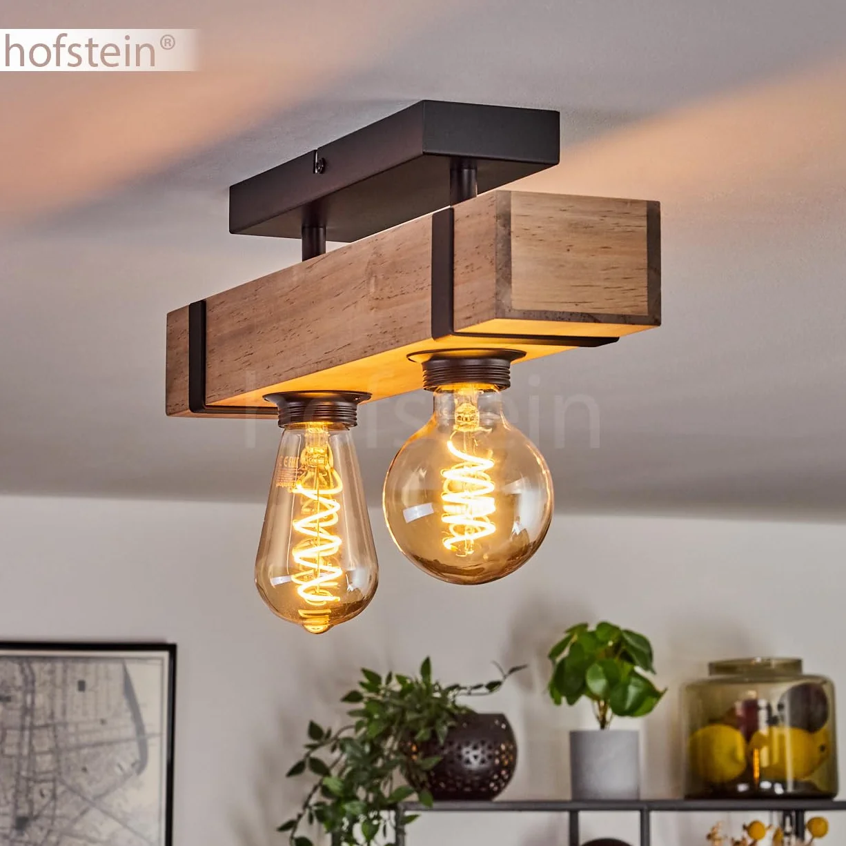 Lampa sufitowa Montgomery, nowoczesna lampa sufitowa z metalu/drewna w kolorze czarnym/naturalnym, industrialny design z drewnianymi belkami, 2-żarówkowa, 2 x E27, bez żarówki