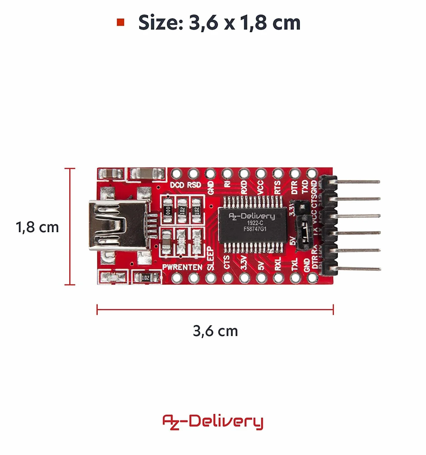 AZDelivery Adapter szeregowy Compatible with FT232RL USB na TTL dla 3,3 V i 5 V kompatybilny z Arduino wraz z e-book!