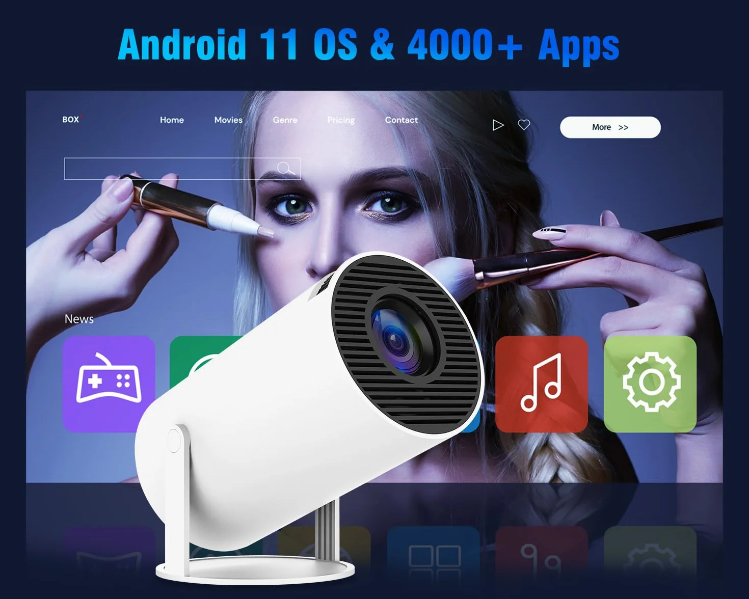 Projektor 4K Full HD Smart 200ANSI 8000 l, Android 11.0 5G WiFi 6 BT 5.0, automatyczna korekcja trapezowa, obracany 180°