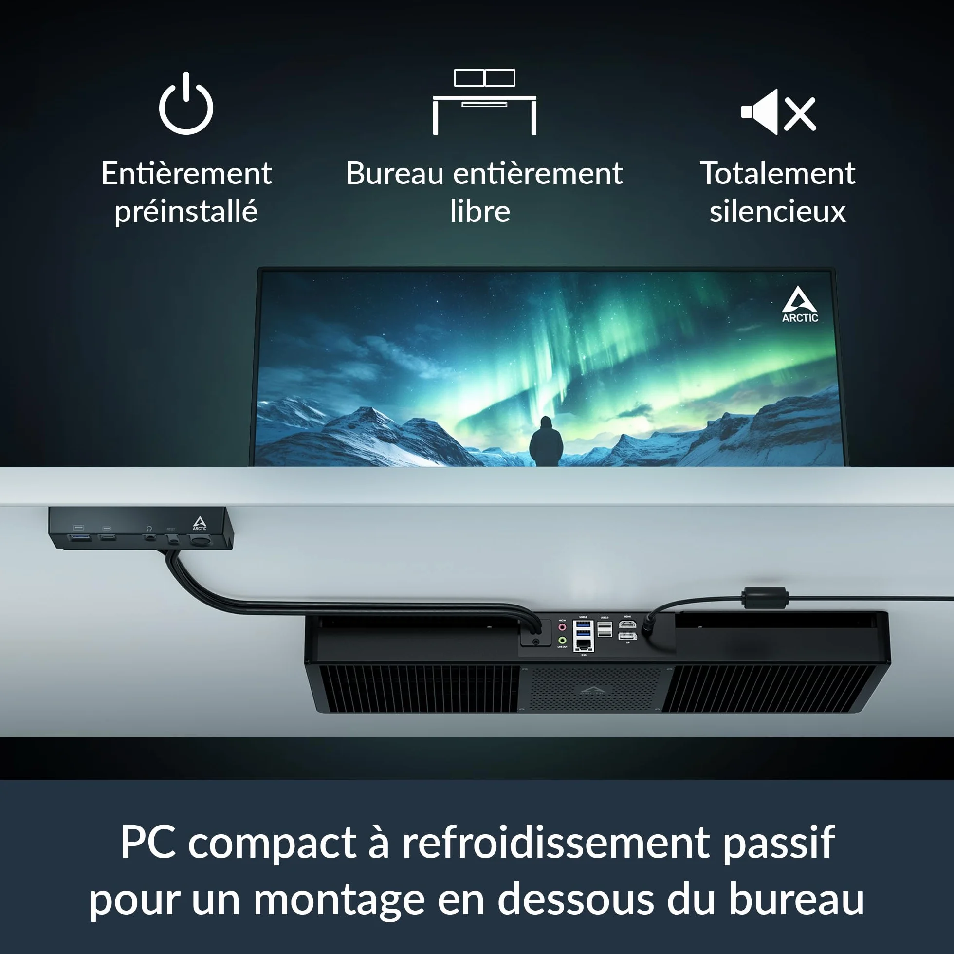 ARCTIC Senza 5700G - Pasywnie chłodzony, cichy komputer stacjonarny do montażu pod stołem, Windows 11 Home, AMD Ryzen 7 5700G, 8 Cores, 3,80–4,60GHz, 32 GB DDR4 RAM, 1 TB M.2 SSD, 2.5G LAN, USB 3.2