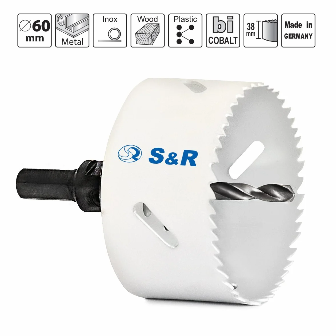 S&R Otwornica, HSS bimetal z uchwytem do otwornicy HEX – QUICK i wiertłem centrującym, uniwersalne do drewna, metalu, tworzywa sztucznego, płyt gipsowo-kartonowych (83 mm)