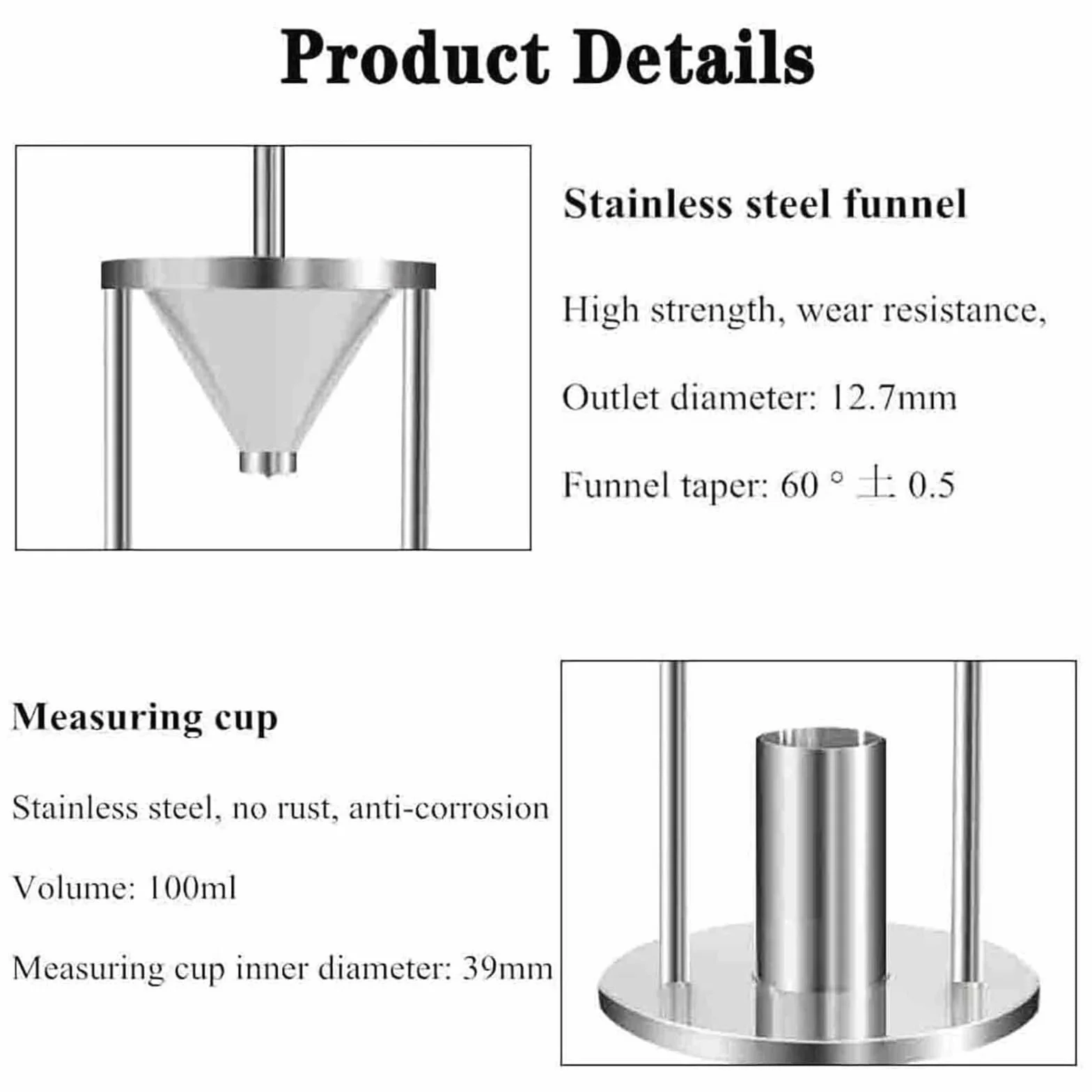 Tester gęstości objętościowej proszku, miernik ze stali nierdzewnej z lejkiem 12,7 mm, miarka 100 ml, naturalna objętość akumulacji do użytku laboratoryjnego i szkolnego