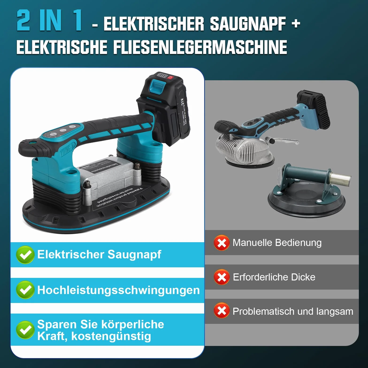 do płytek i przyssawki 2 w 1 z przyssawką 30 x 16 cm, nośność 250 kg, elektryczna do płytek 2 m i ścian, cegieł