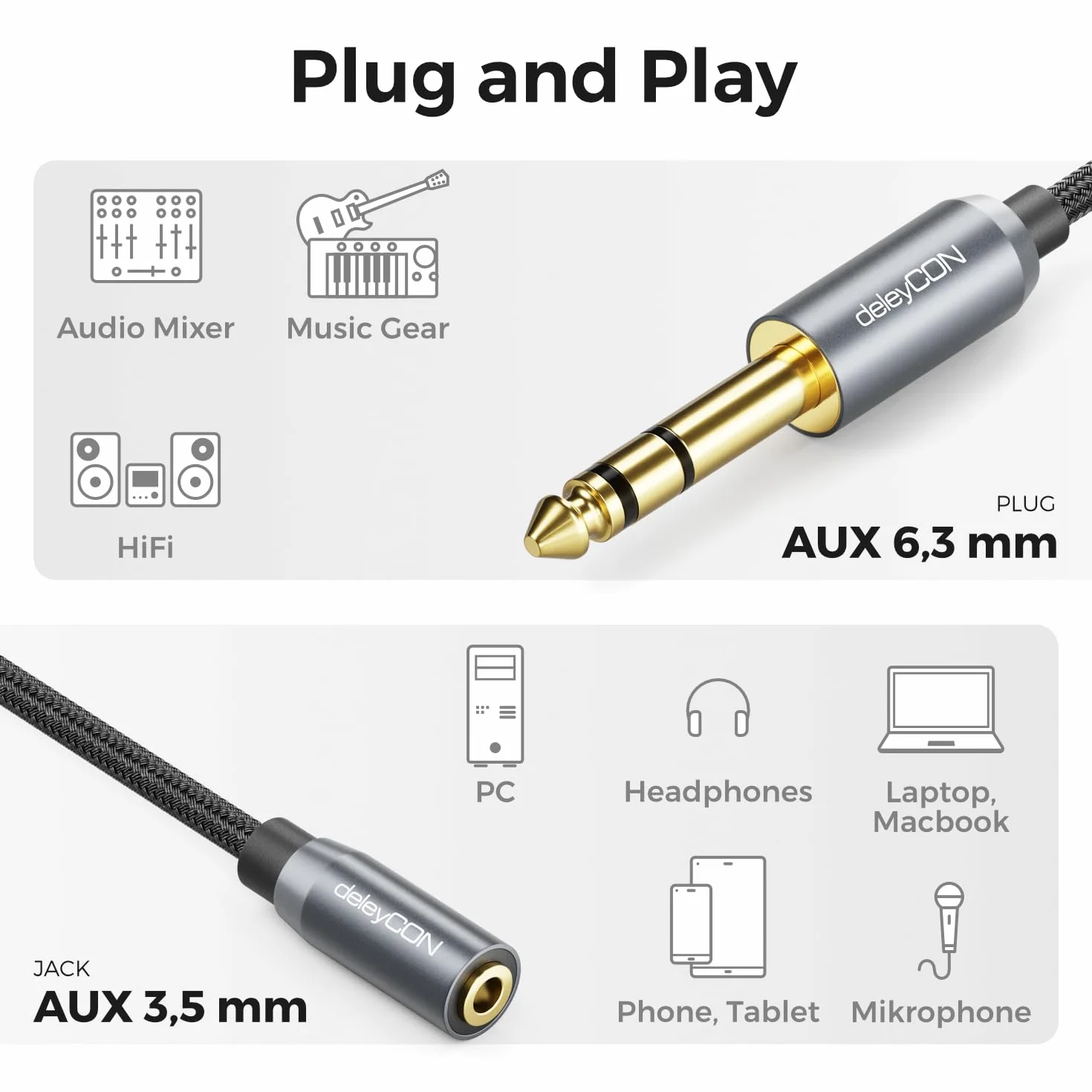 deleyCON 6,3mm na 3,5mm Klinke STEREO AUX Kabel Adapter Audio TRS 20cm