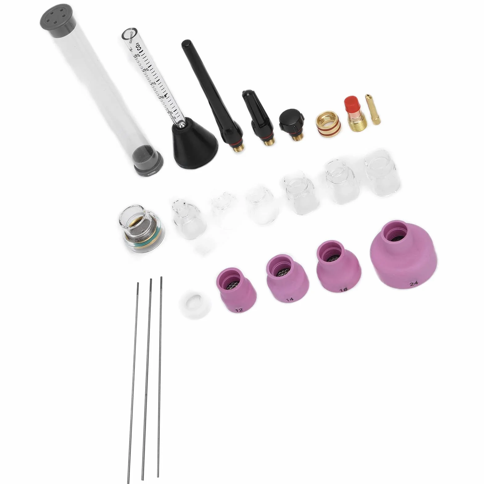 Zestaw dysz do spawania łukowego argonem z przepływomierzem gazu Igła wolframowa 1,6 mm i pierścień uszczelniający Kompatybilny z palnikami WP 17 WP 18 i WP 26 Ceramiczne części