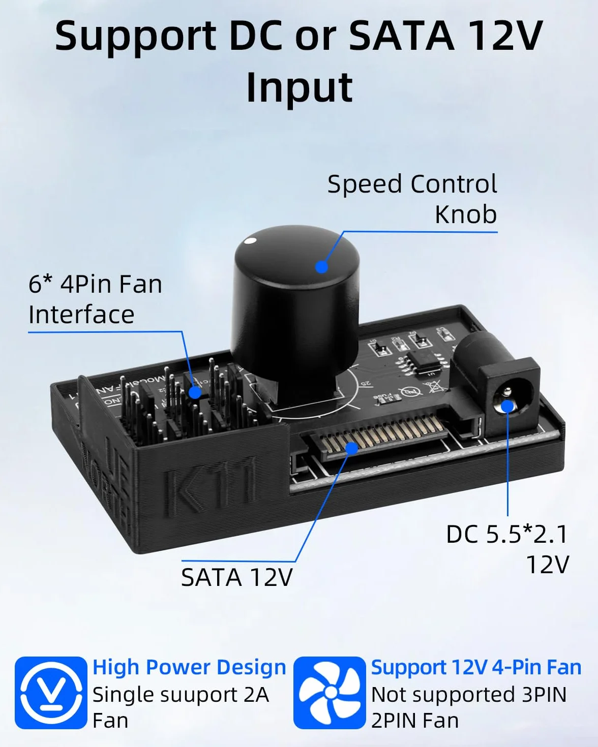Kontroler wentylatora PWM 6-portowy 4-pinowy 12V SATA DC 5521 czarny