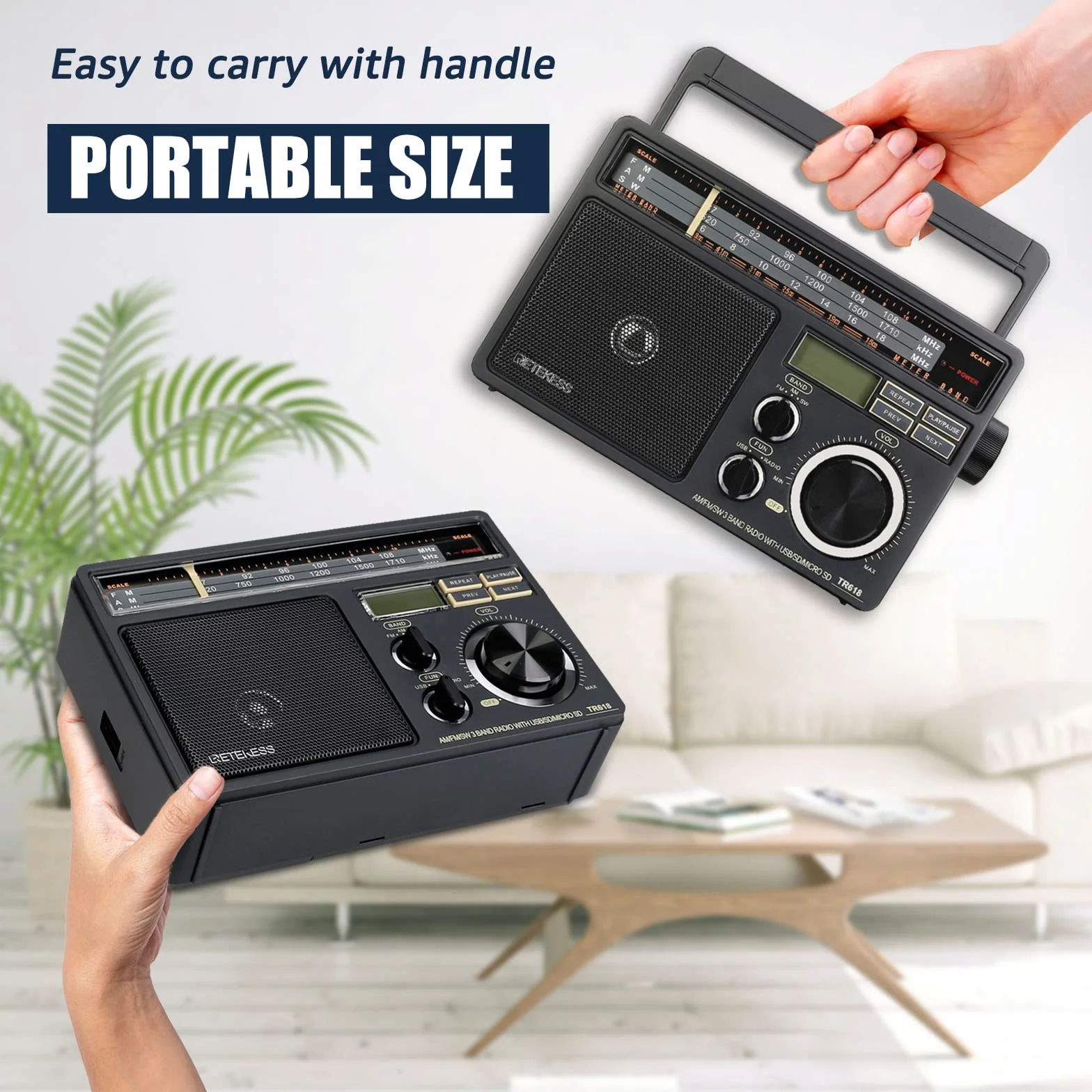 Retekess TR618 Przenośne Radio FM AM SW Analogowe Krótkofalowe USB SD/TF Gniazdo Słuchawkowe Zasilanie Sieciowe Akumulator Ciemnoszary