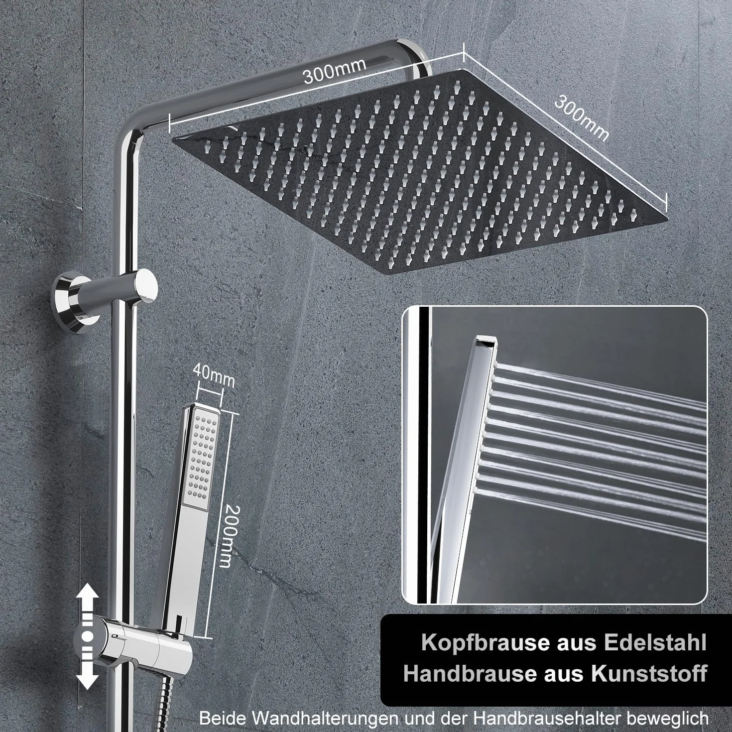 Görbach System Prysznicowy Stal nierdzewna Zestaw Prysznicowy Regulowana Wysokość Łazienka Prysznicowa z Słuchawka Prysznicowai,Głowica Prysznicowa Stal nierdzewna 30x30cm.