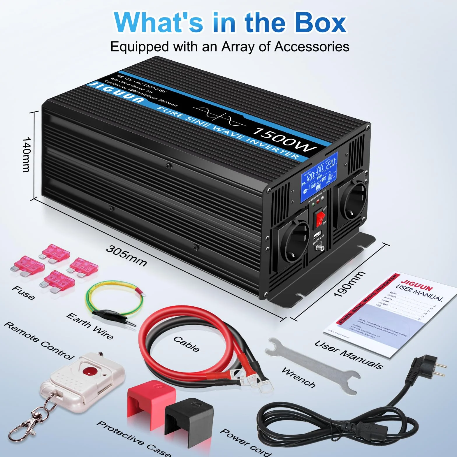 JIGUUN Przetwornica napięcia 1500 W 3000 W 12 V 230 V 30 A USV 2 gniazda EU pilot LCD