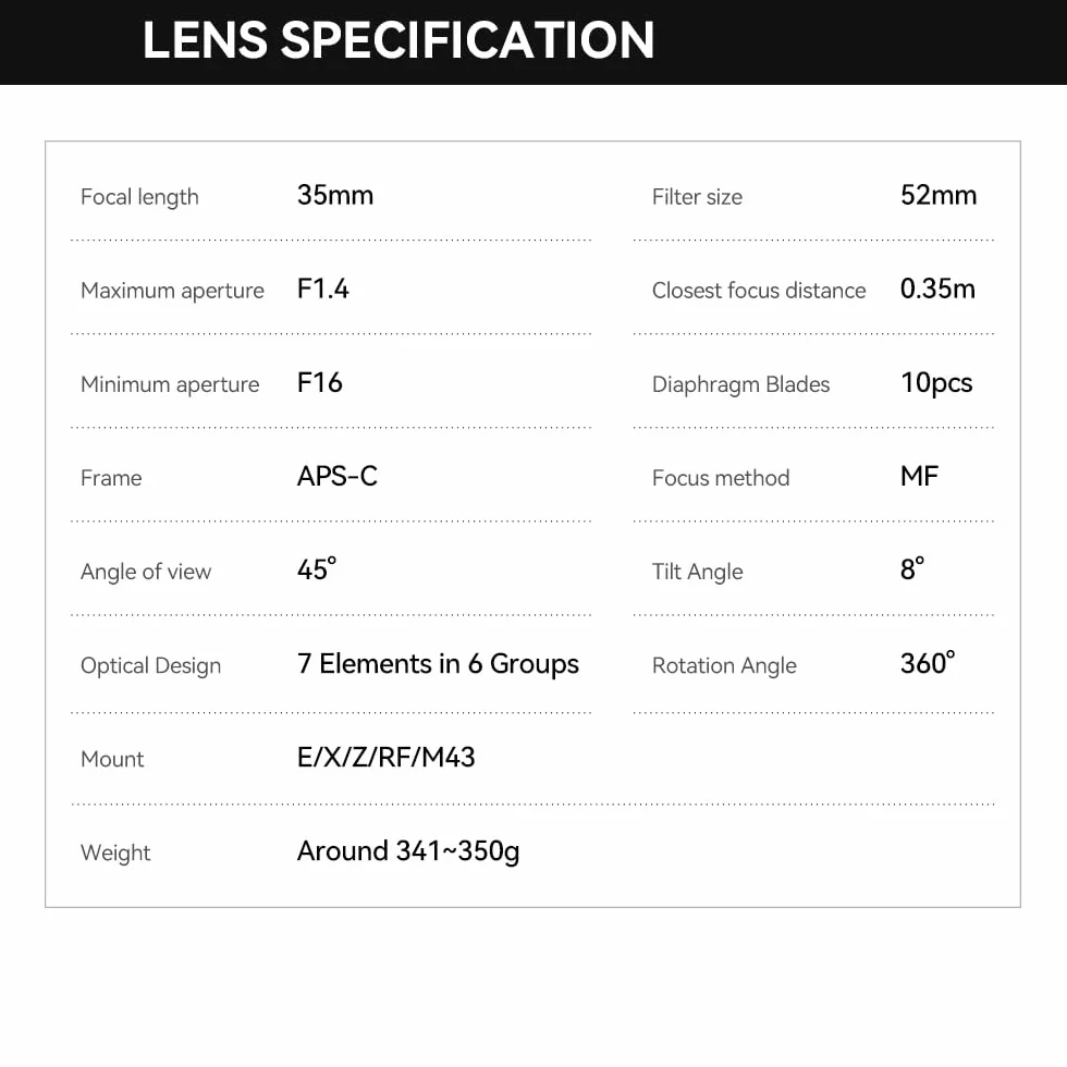TTARTISAN 35 mm F1.4 Tilt obiektyw APS-C Ręczny fokus Prime do Canon RF