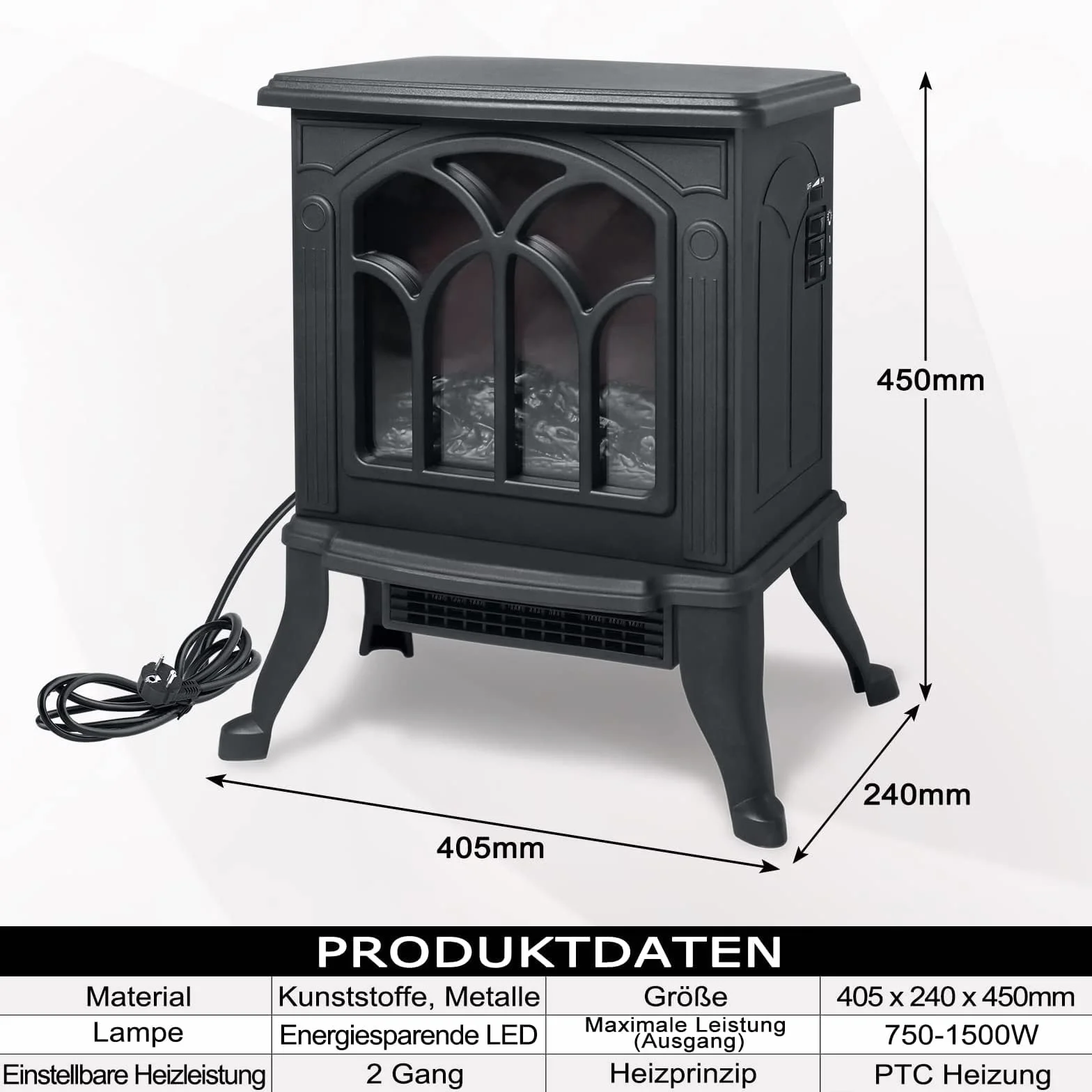 Elektryczny kominek kominkowy, elektryczny kominek z ogrzewaniem, elektryczny kominek dekoracyjny LED, kominek stojący z efektem płomienia, regulowany 750 W/1500 W, czarny