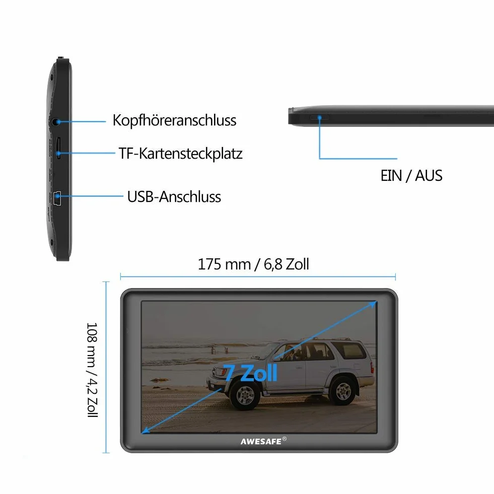 AWESAFE nawigacja GPS do samochodów osobowych i ciężarowych, ekran 7''