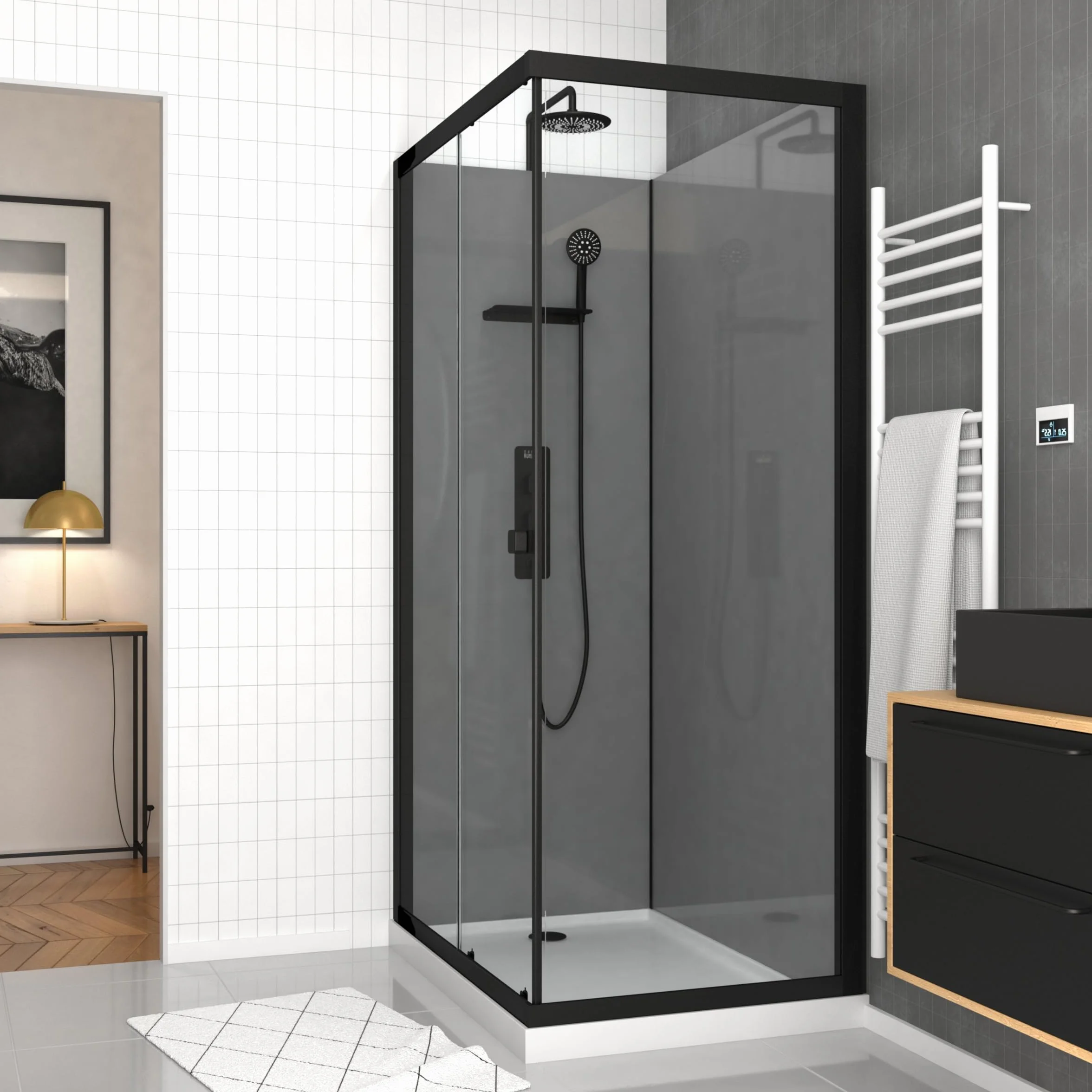 Marwell Kompletny prysznic Grey Style Rectangle 215 x 90 x 90 cm - gotowy prysznic z 5 mm szkłem hartowanym - z półką na przybory prysznicowe - wysokiej jakości rama aluminiowa