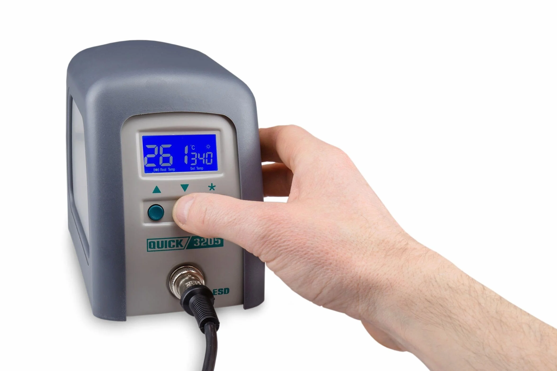 Quick 3205 cyfrowa stacja lutownicza o wysokiej częstotliwości ESD, 150 W, w zestawie lutownica z końcówką lutowniczą 5 mm i akcesoriami/100°-550°C/możliwość kalibracji/3 pamięci stałej/automatyczne czuwanie/hasło – ochrona