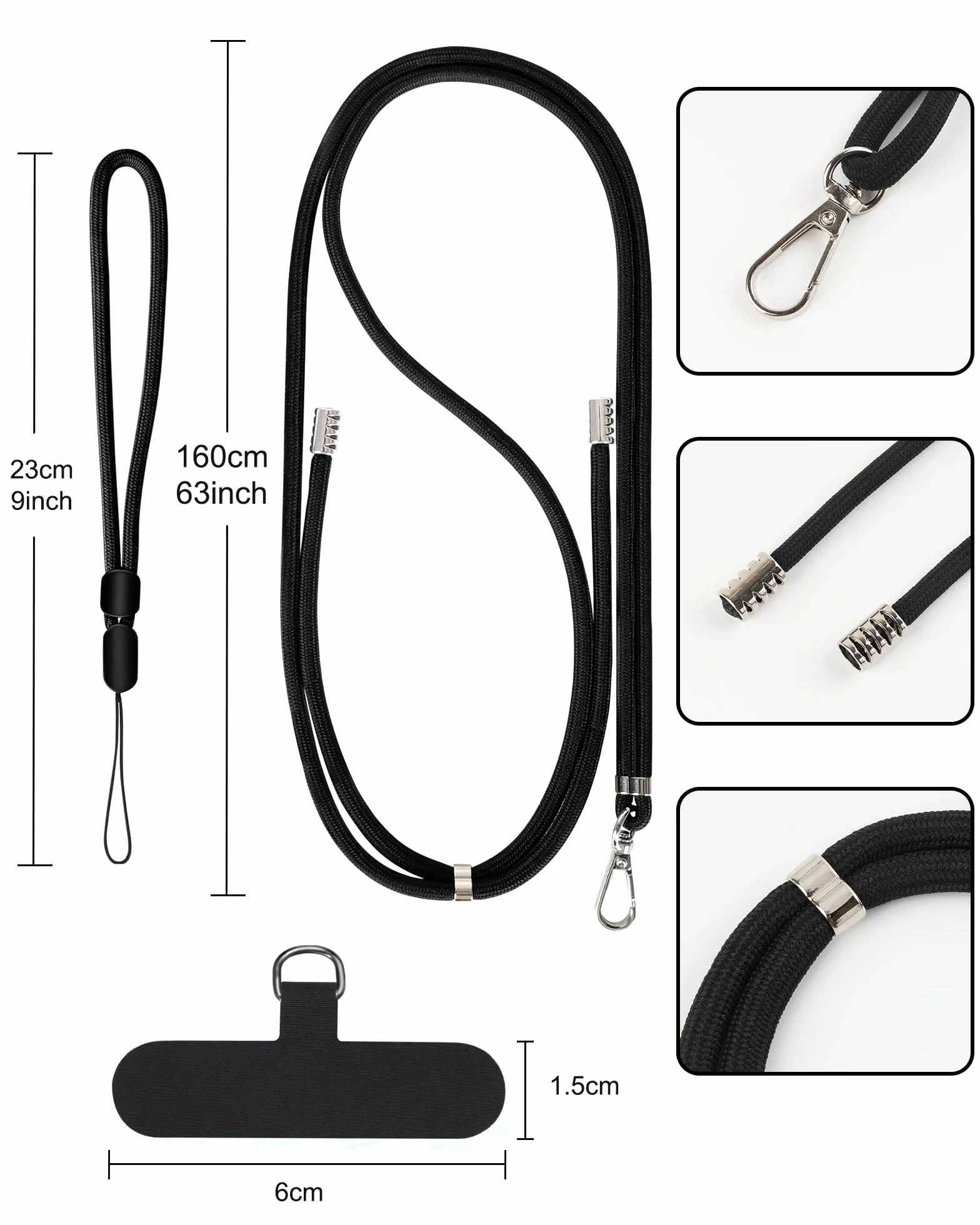 Uniwersalna Smycz do Telefonu 2 Sztuki, Regulowany Sznurek na Szyję 30-78 cm, Zestaw z 2 Patchami, Czarny, Szary