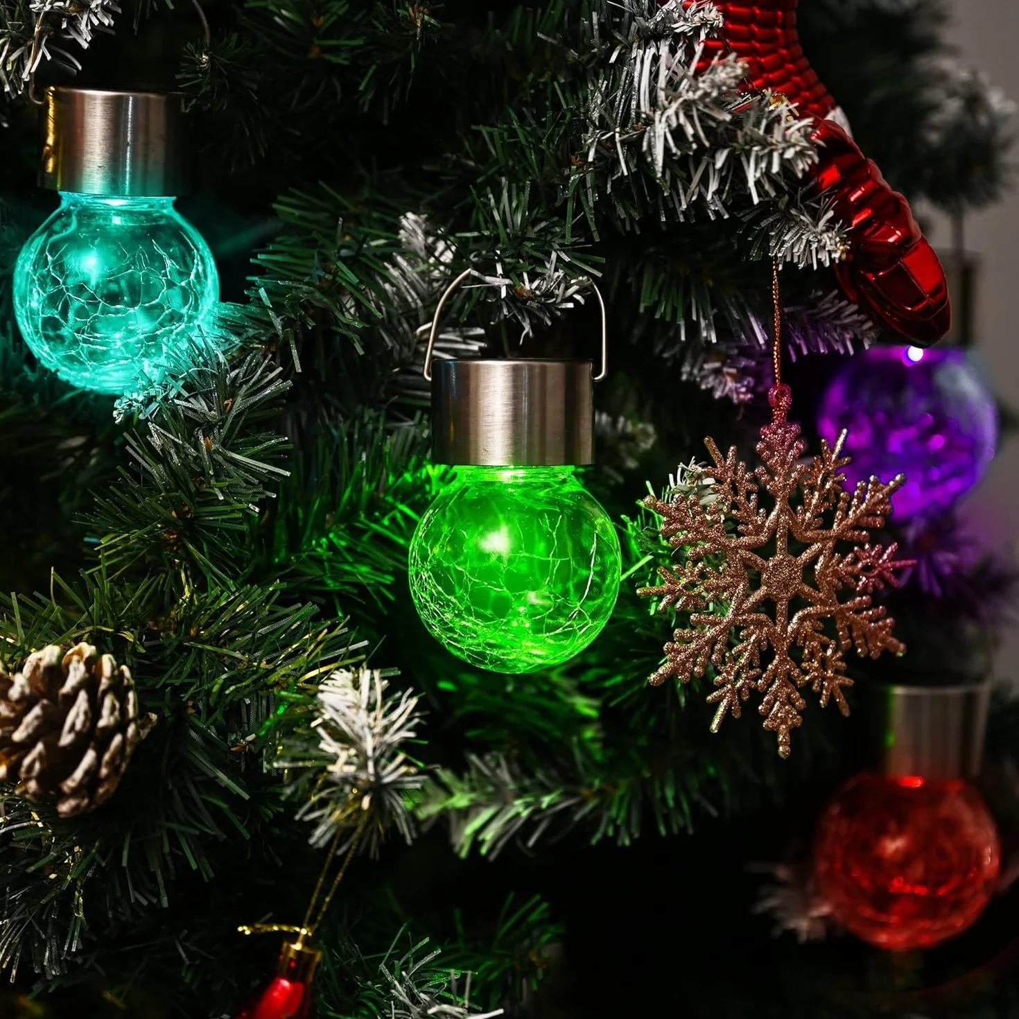 GIGALUMI Solarne lampy zewnętrzne, lampy wiszące do dekoracji bożonarodzeniowej, wzór popękanego szkła, wodoodporne, do ogrodu, na podwórko, ogrodzenie, drzewo, 12 sztuk (zmieniające kolor)