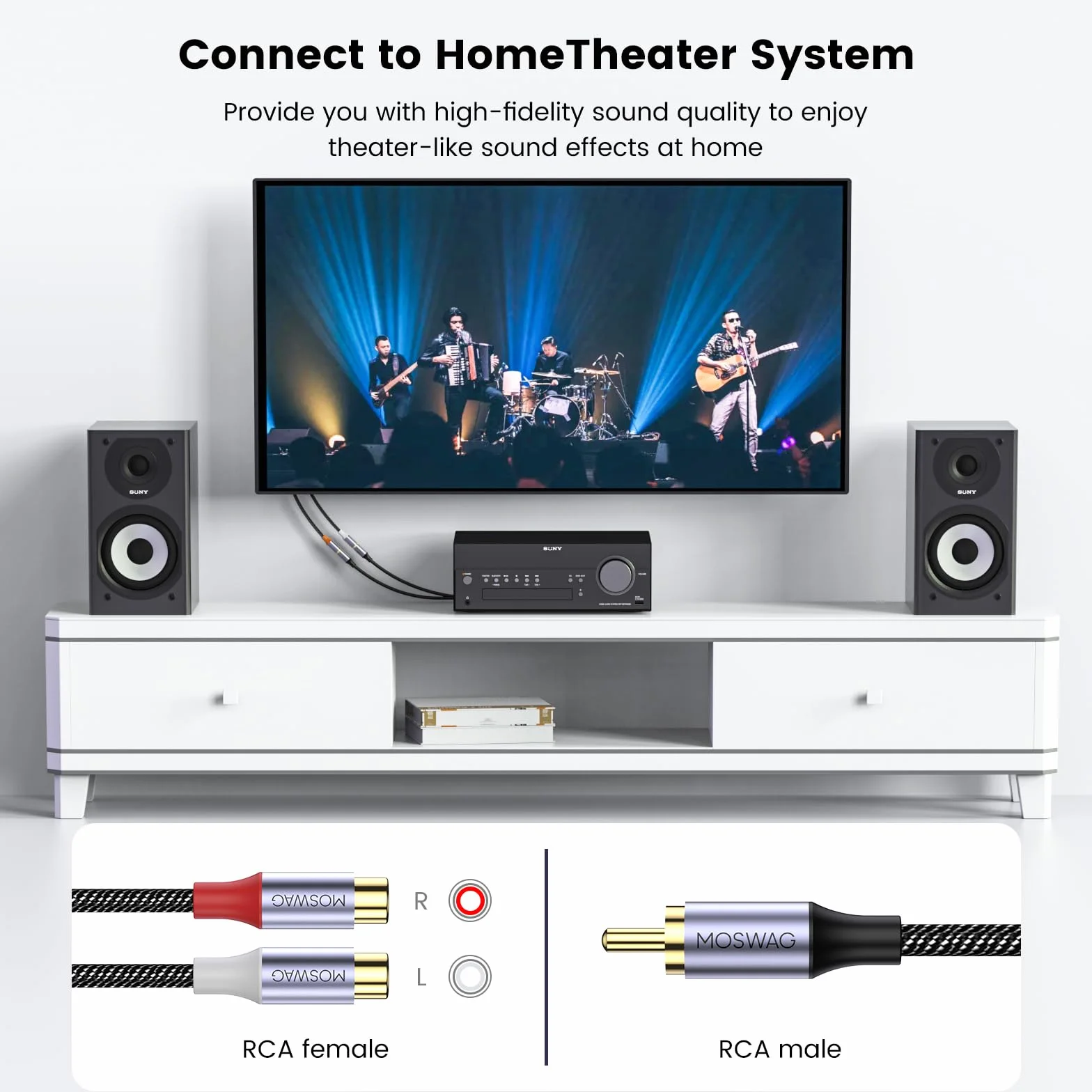 MOSWAG Rozdzielacz RCA 1 męski na 2 żeński, kabel Y audio wideo adapter