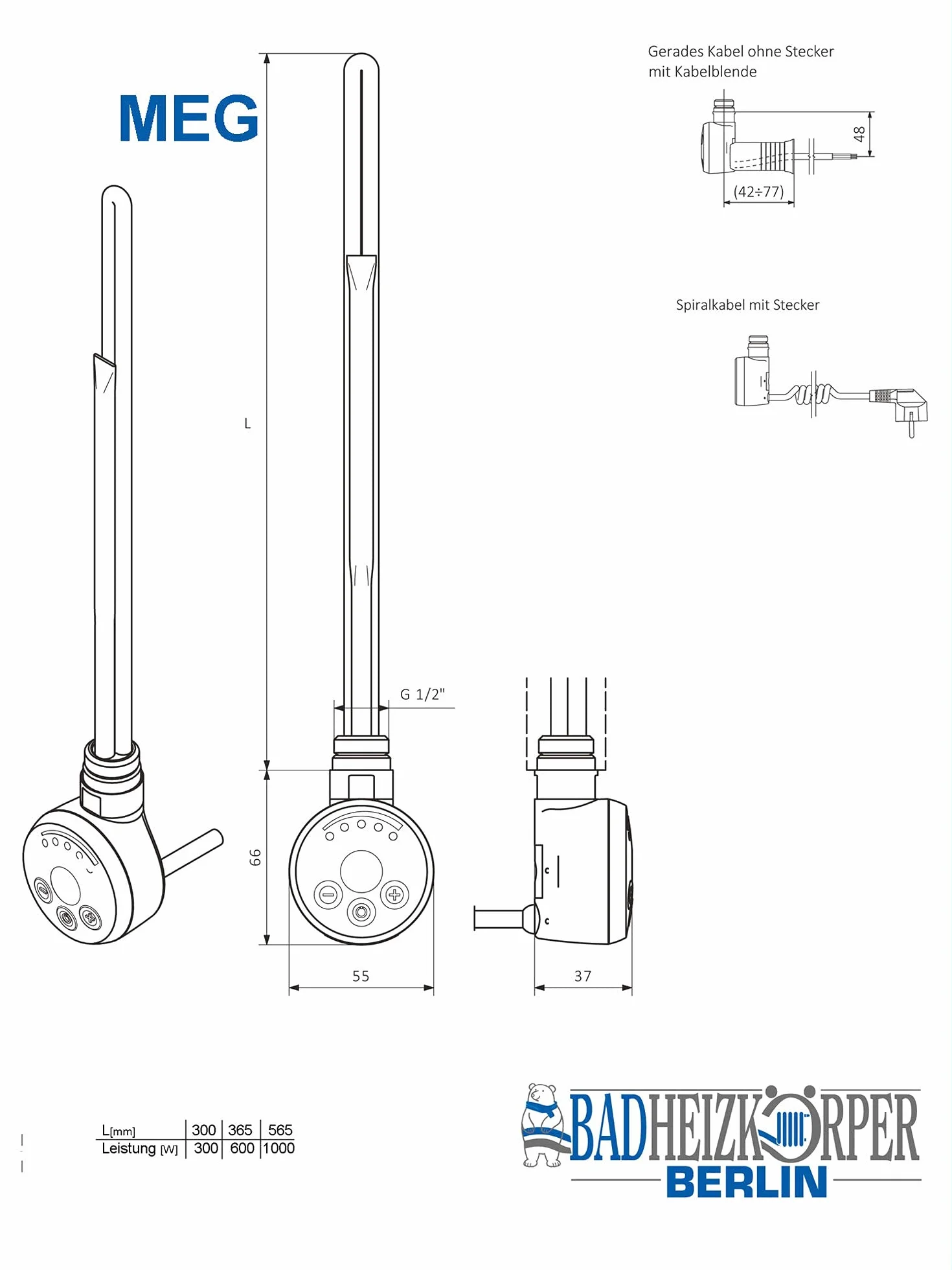 Termostat grzałka, wkład grzejny, element grzejny do grzejników łazienkowych MEG 600 W, prosty kabel bez wtyczki (czarny)