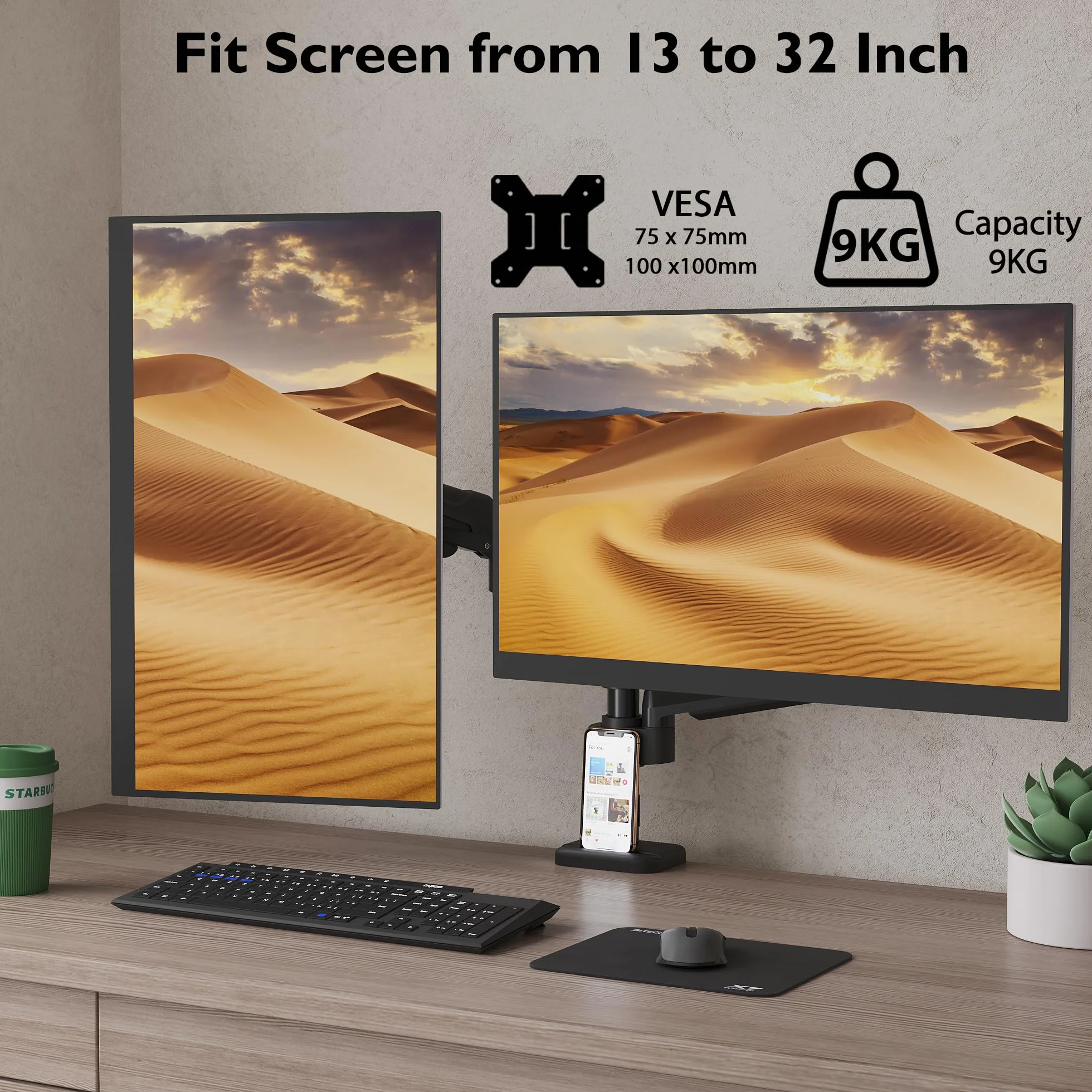 BONTEC Uchwyt biurkowy na 2 monitory 13-32 cale z ramieniem sprężyną gazową, regulacja nachylenia i obrotu, uchwyt na kable, VESA 75/100 mm, ergonomiczny stojak na monitory